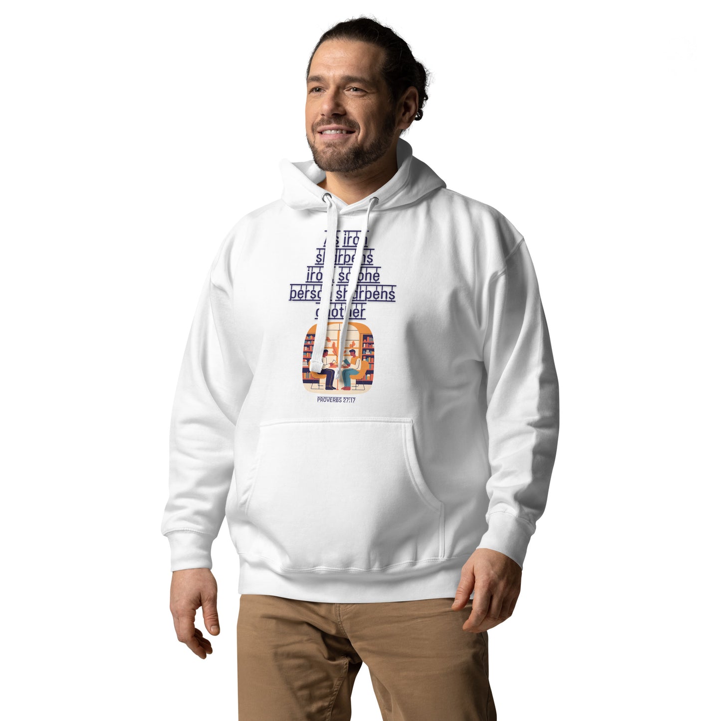 White hoodie from Tees of Worship featuring the phrase As iron sharpens iron with graphic design