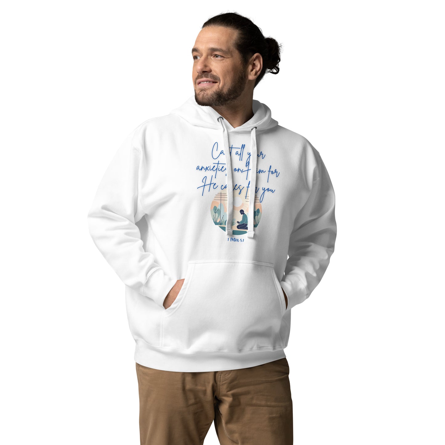 White hoodie from Tees of Worship with blue text and illustration featuring the phrase he cares for you