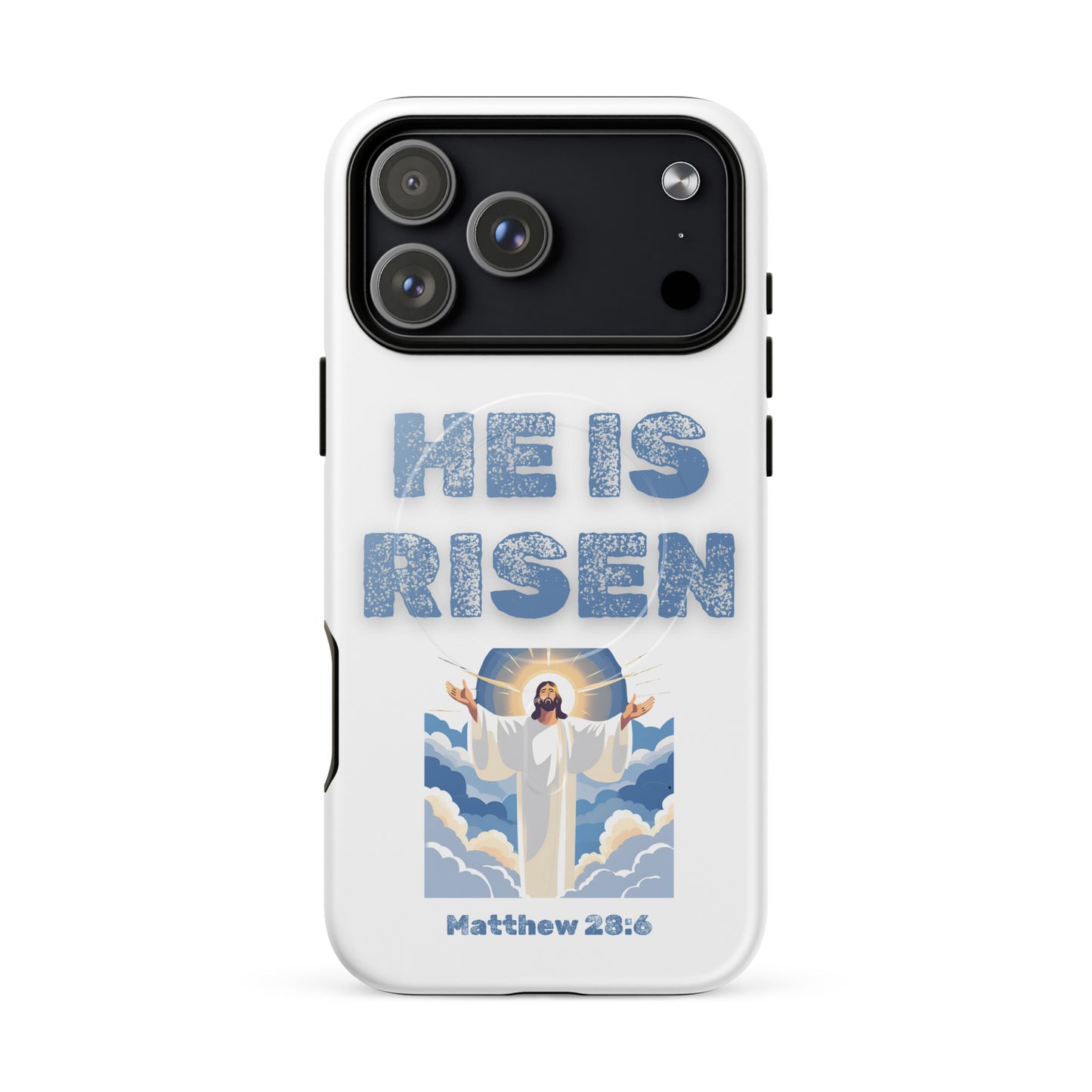 He Is Risen phone case by Tees of Worship featuring Jesus with clouds and Matthew 28:6 scripture