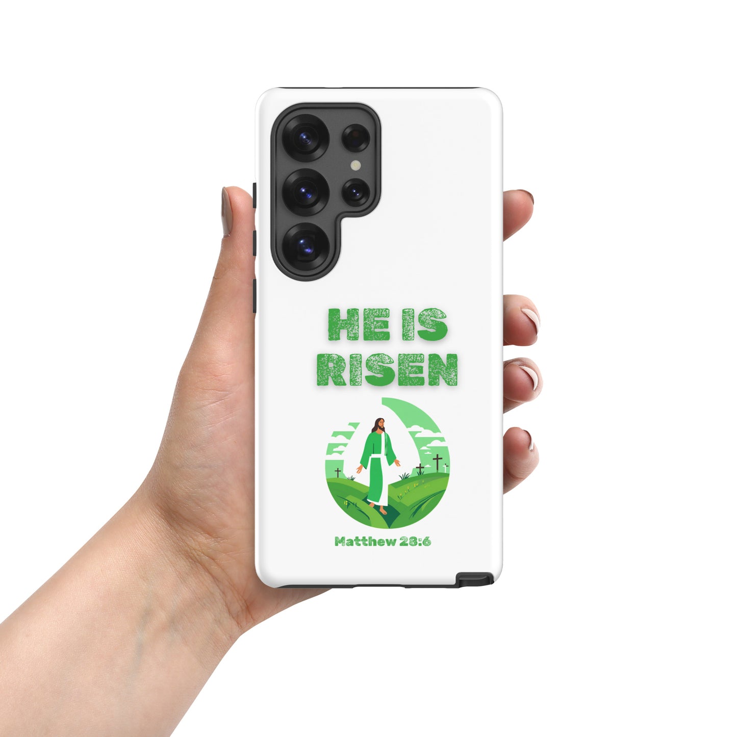 Tees of Worship phone case with He Is Risen text and Matthew 28:6 design on white background
