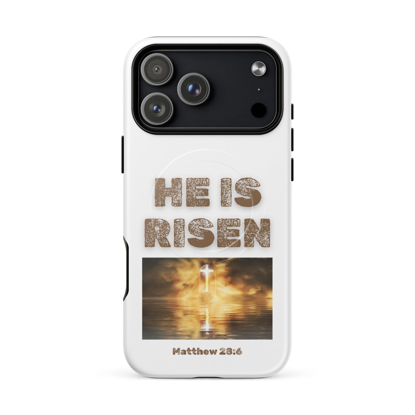 White phone case with He is risen text and glowing cross over water inspired by Matthew 28:6