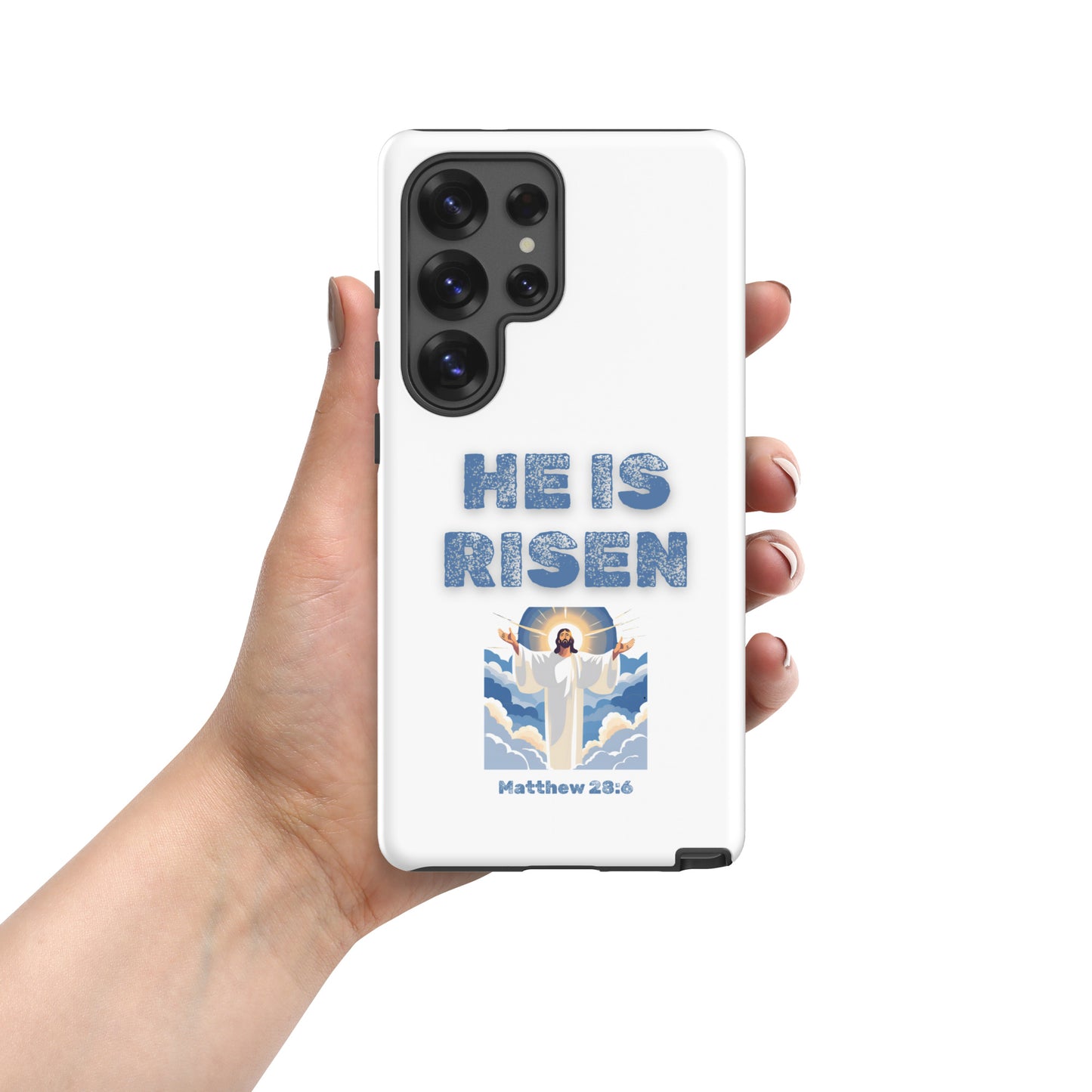Tees of Worship white phone case with He Is Risen text and Jesus illustration from Matthew 28:6