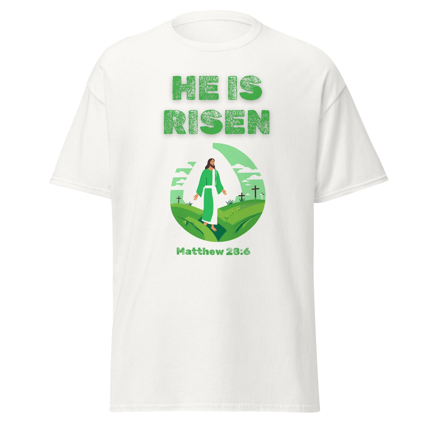 White Tees of Worship T-shirt with He Is Risen text and Jesus graphic on front