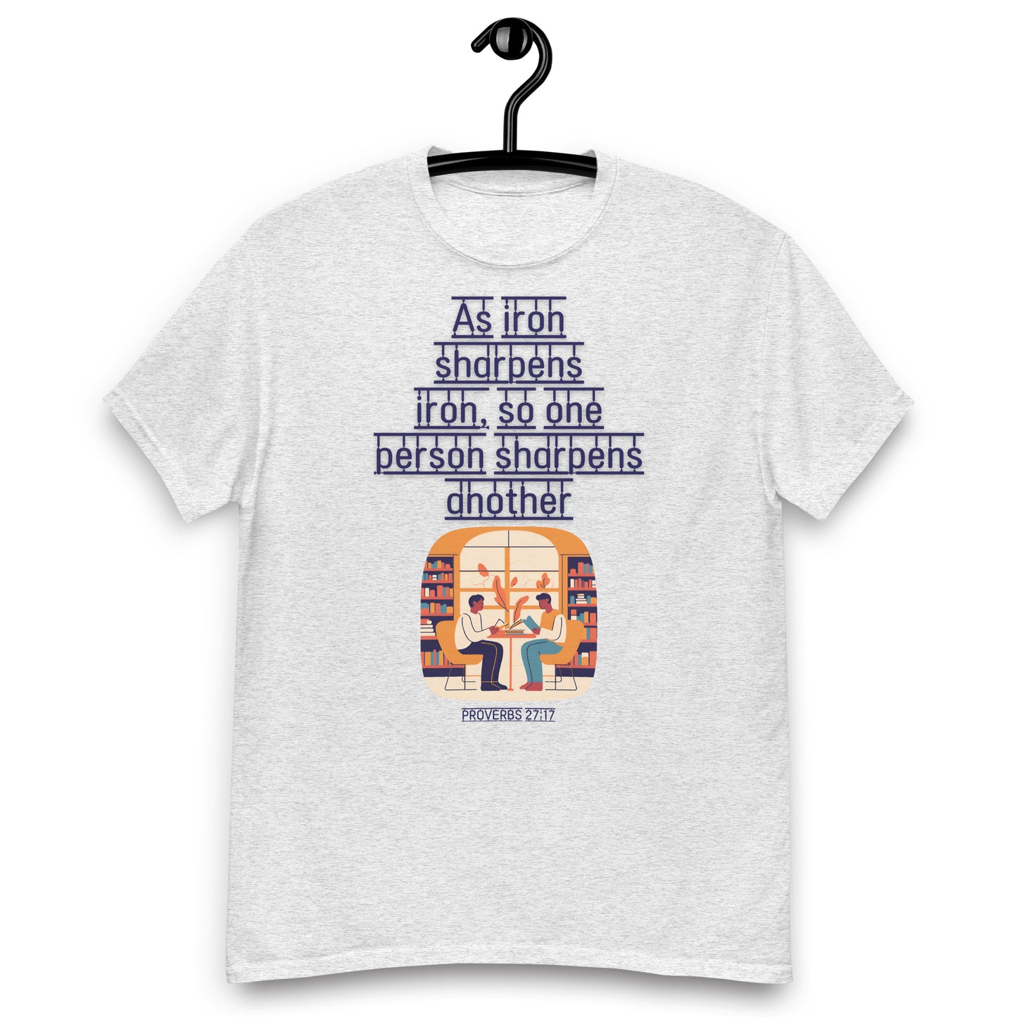 Tees of Worship white T-shirt with As iron sharpens iron quote and illustration of two people talking