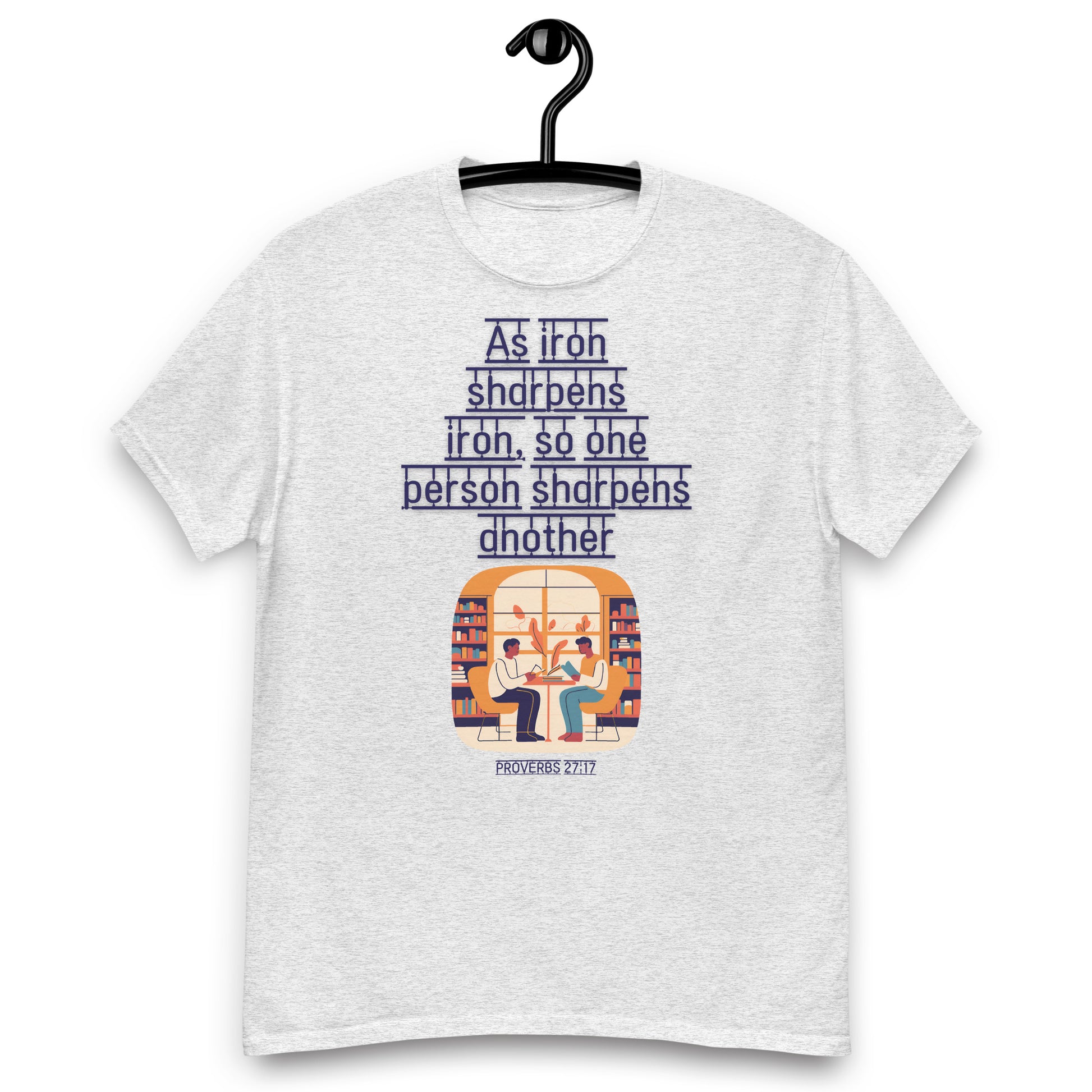 Tees of Worship white T-shirt with As iron sharpens iron quote and illustration of two people talking