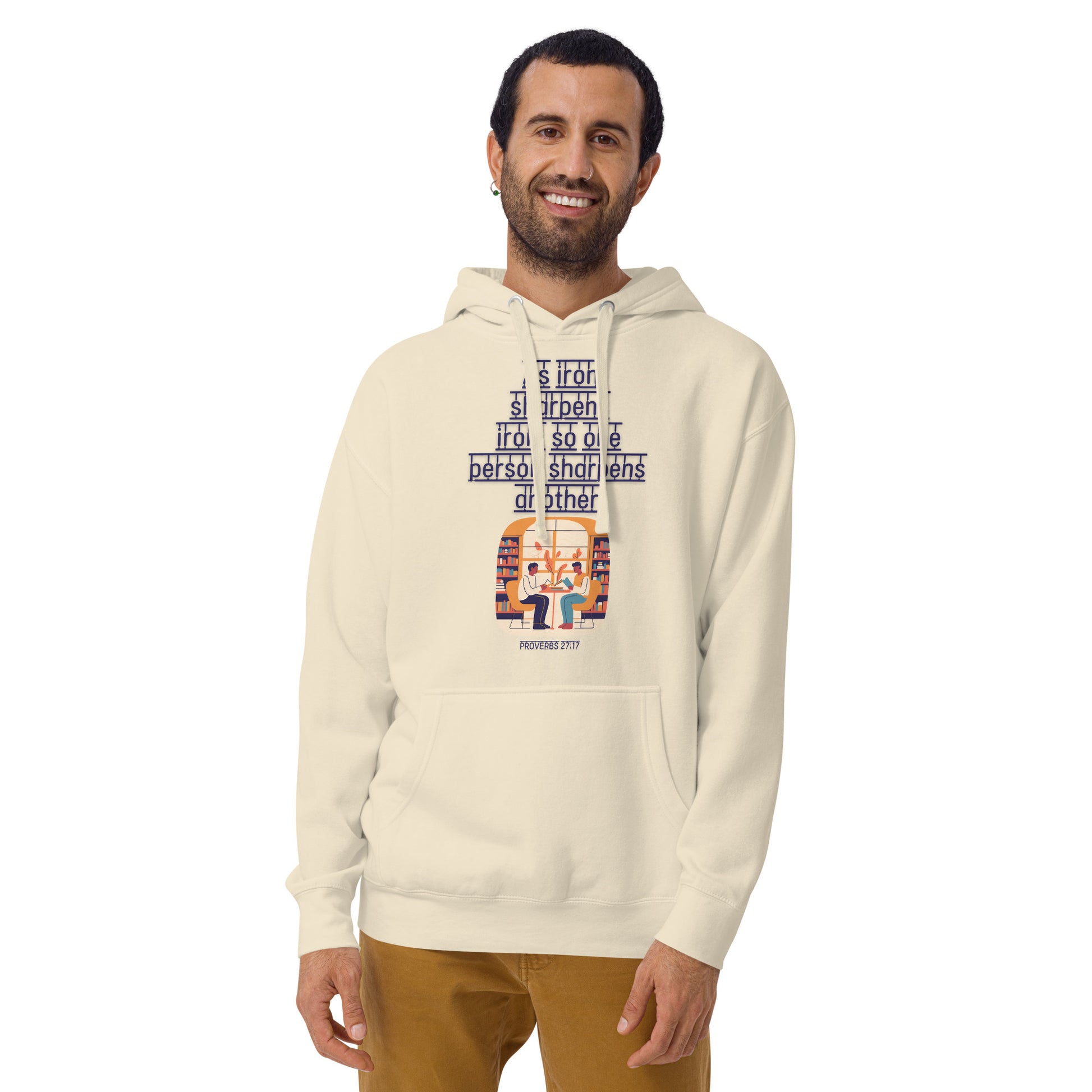 Tees of Worship beige hoodie with As iron sharpens iron biblical design and front pocket