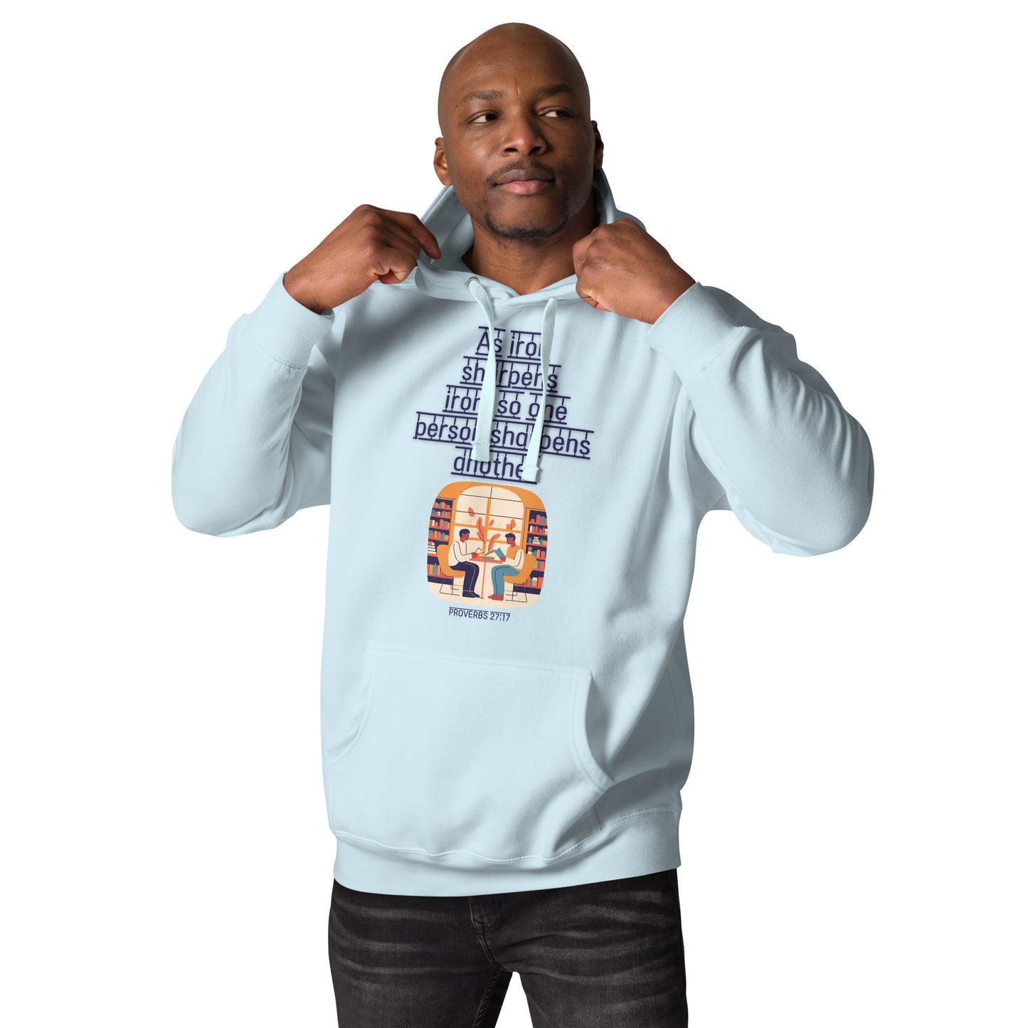 Tees of Worship light blue hoodie with As iron sharpens iron scripture design and front pocket