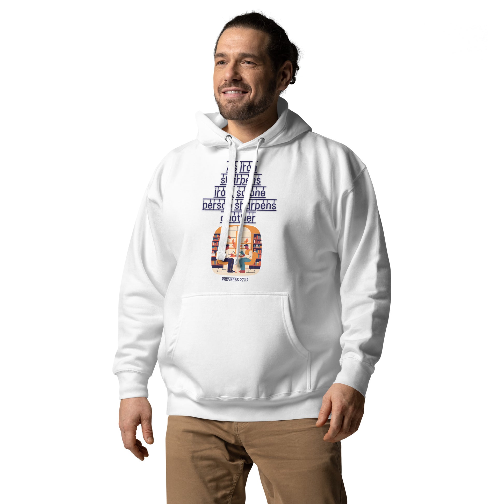 White hoodie from Tees of Worship featuring the phrase As iron sharpens iron with graphic design