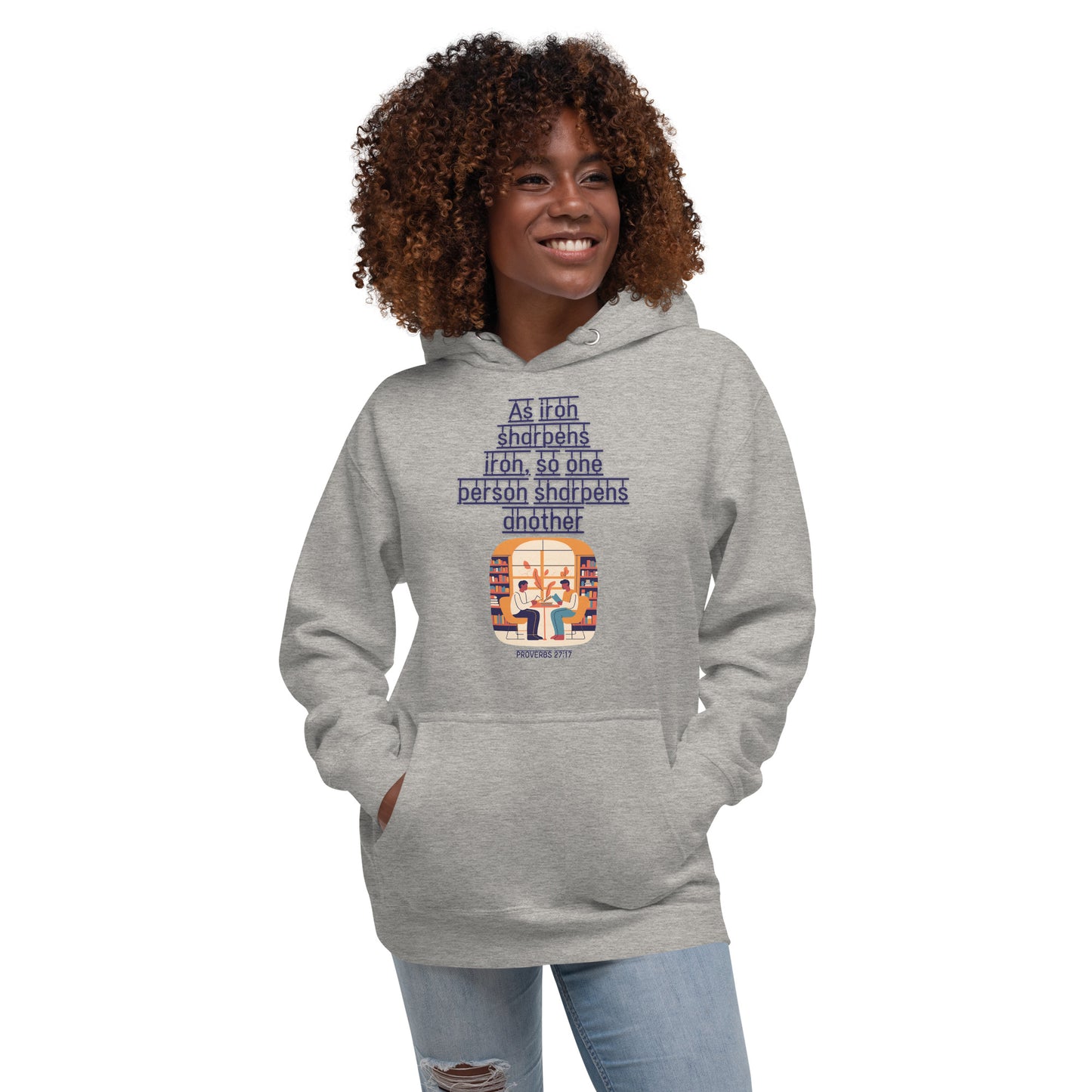 Gray hoodie from Tees of Worship with As iron sharpens iron scripture design worn by smiling woman