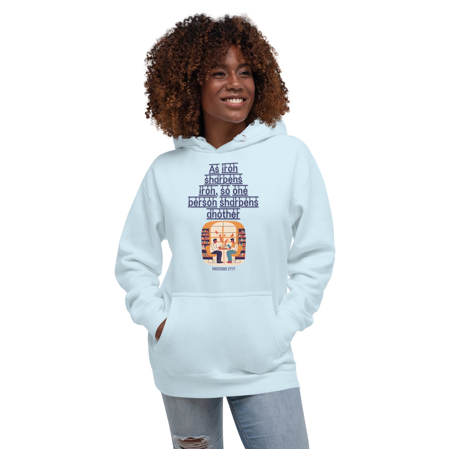 Tees of Worship white hoodie with As iron sharpens iron Bible verse and graphic print worn by smiling woman