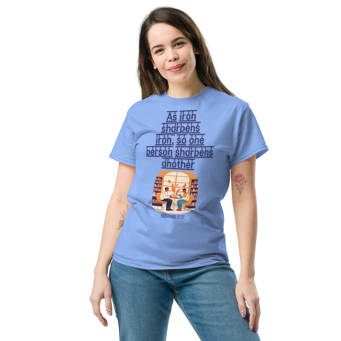 Tees of Worship blue T-shirt with As iron sharpens iron scripture design worn by woman