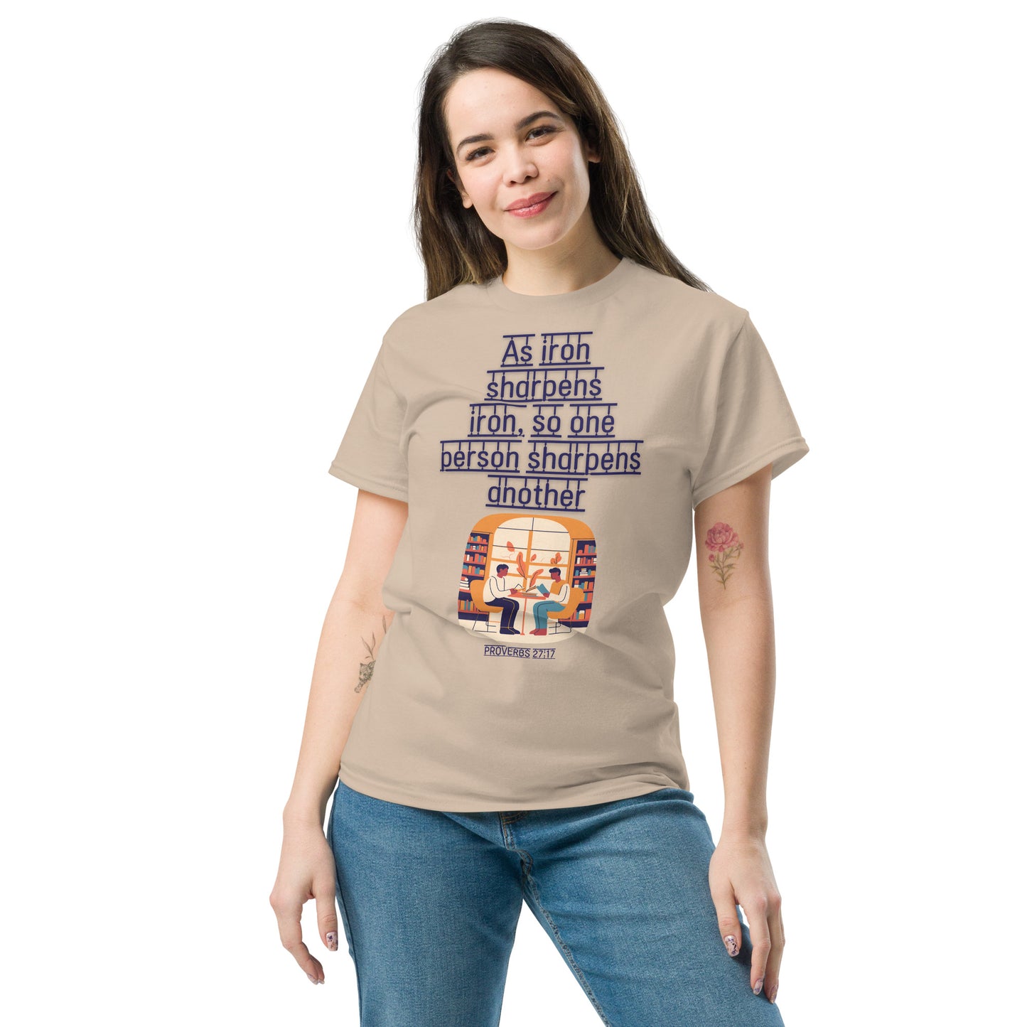 Beige Tees of Worship T-Shirt with As iron sharpens iron text and illustration of two people sharpening each other