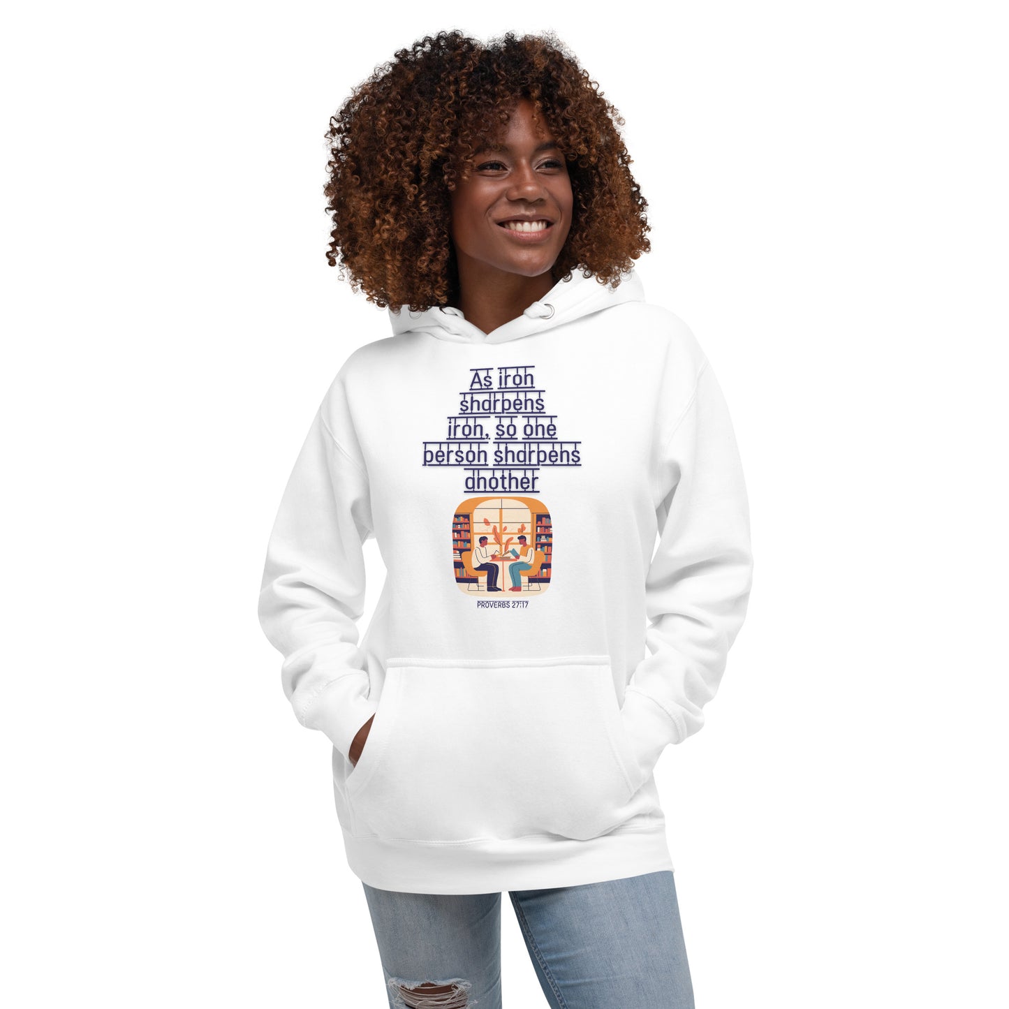 White hoodie from Tees of Worship with As iron sharpens iron text and graphic on front