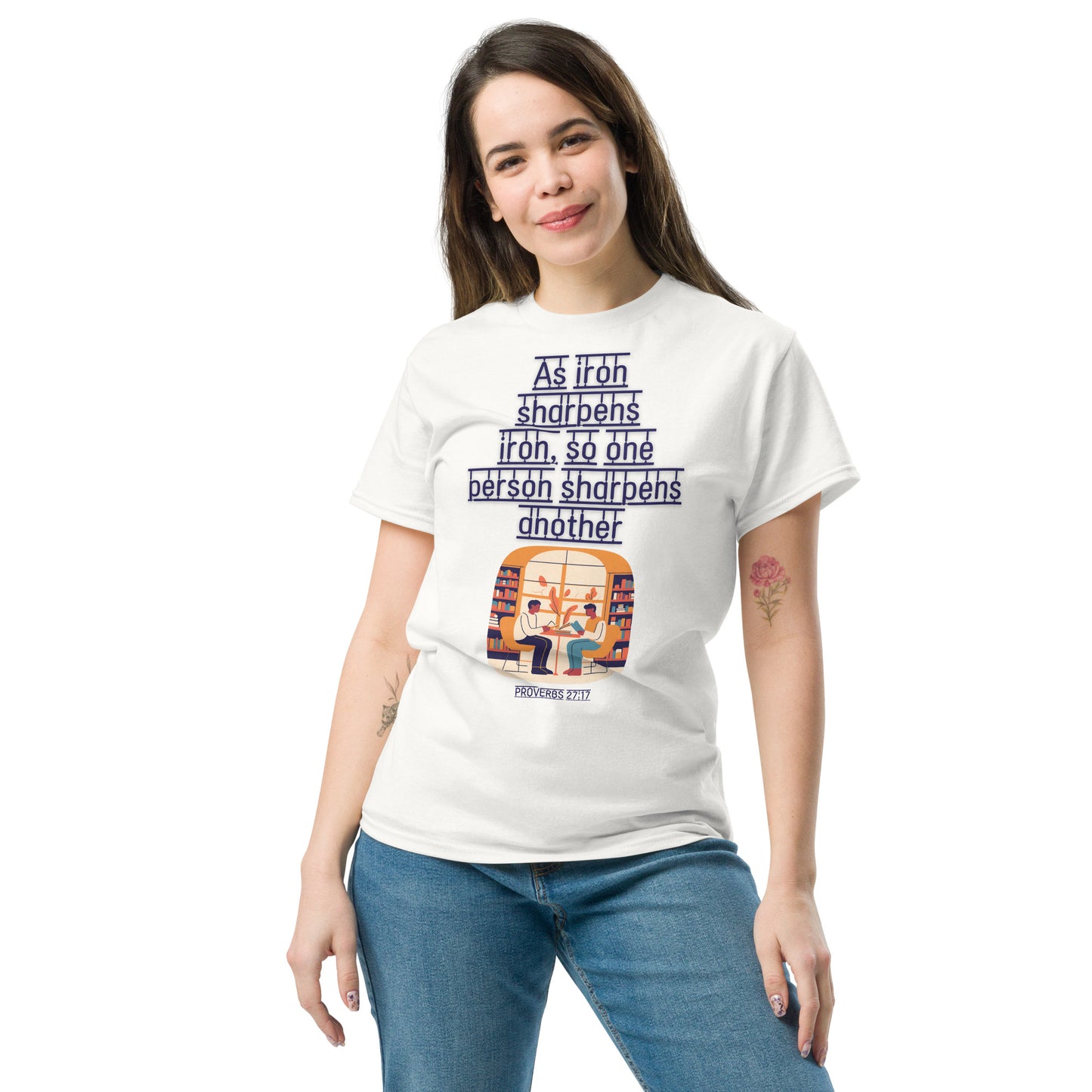 White Tees of Worship T-Shirt with As iron sharpens iron scripture design worn by smiling woman