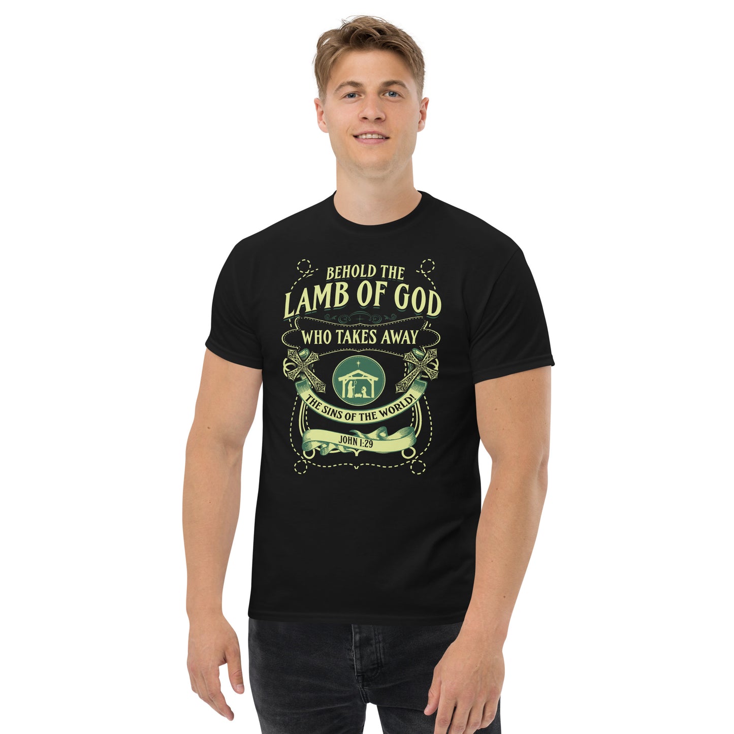 Black T-shirt from Tees of Worship with Behold the Lamb of God religious design and scripture print