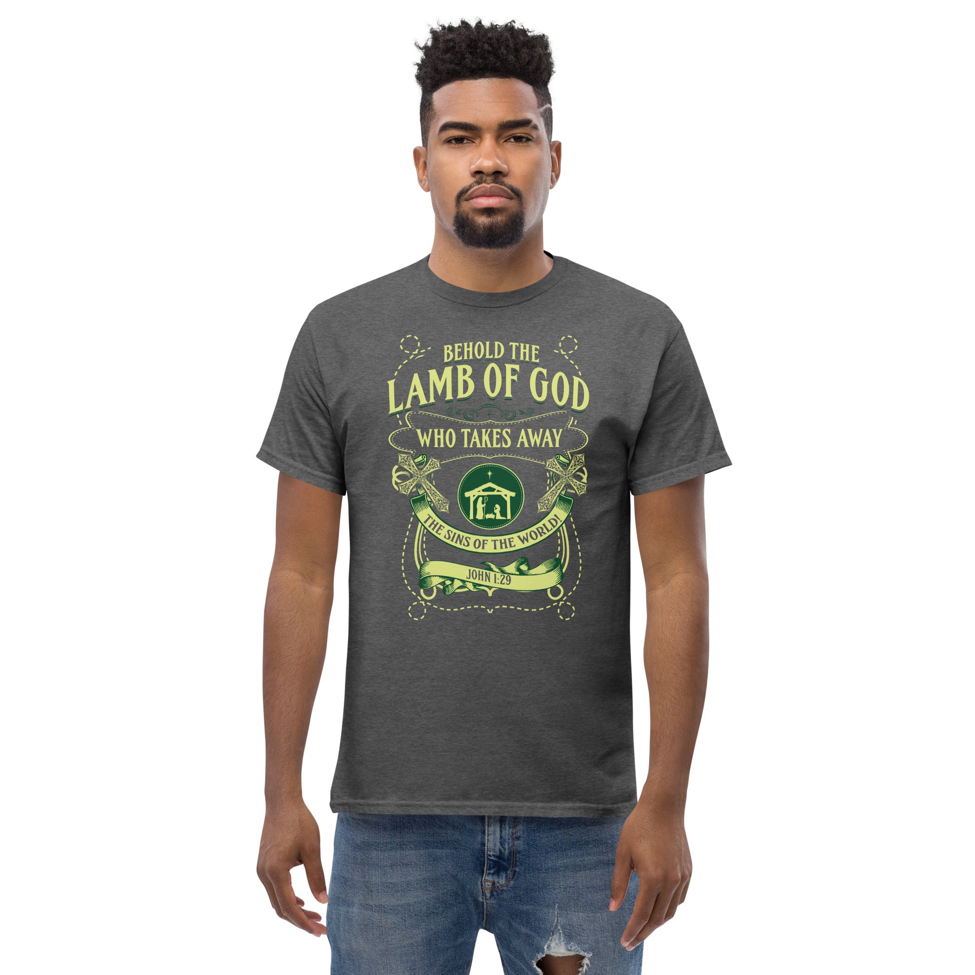 Behold the Lamb of God gray T-shirt by Tees of Worship with religious scripture design on front