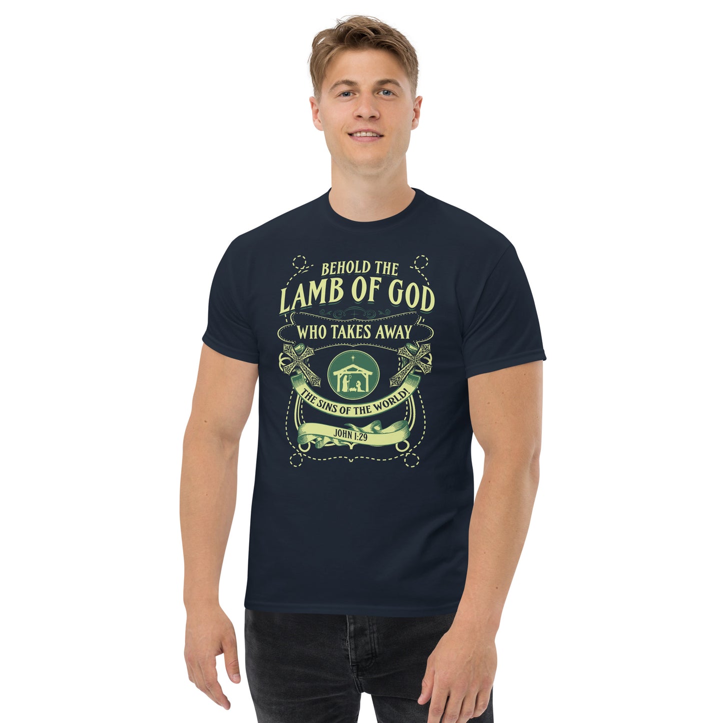 Behold the Lamb of God T-shirt by Tees of Worship with religious scripture design in cream on black