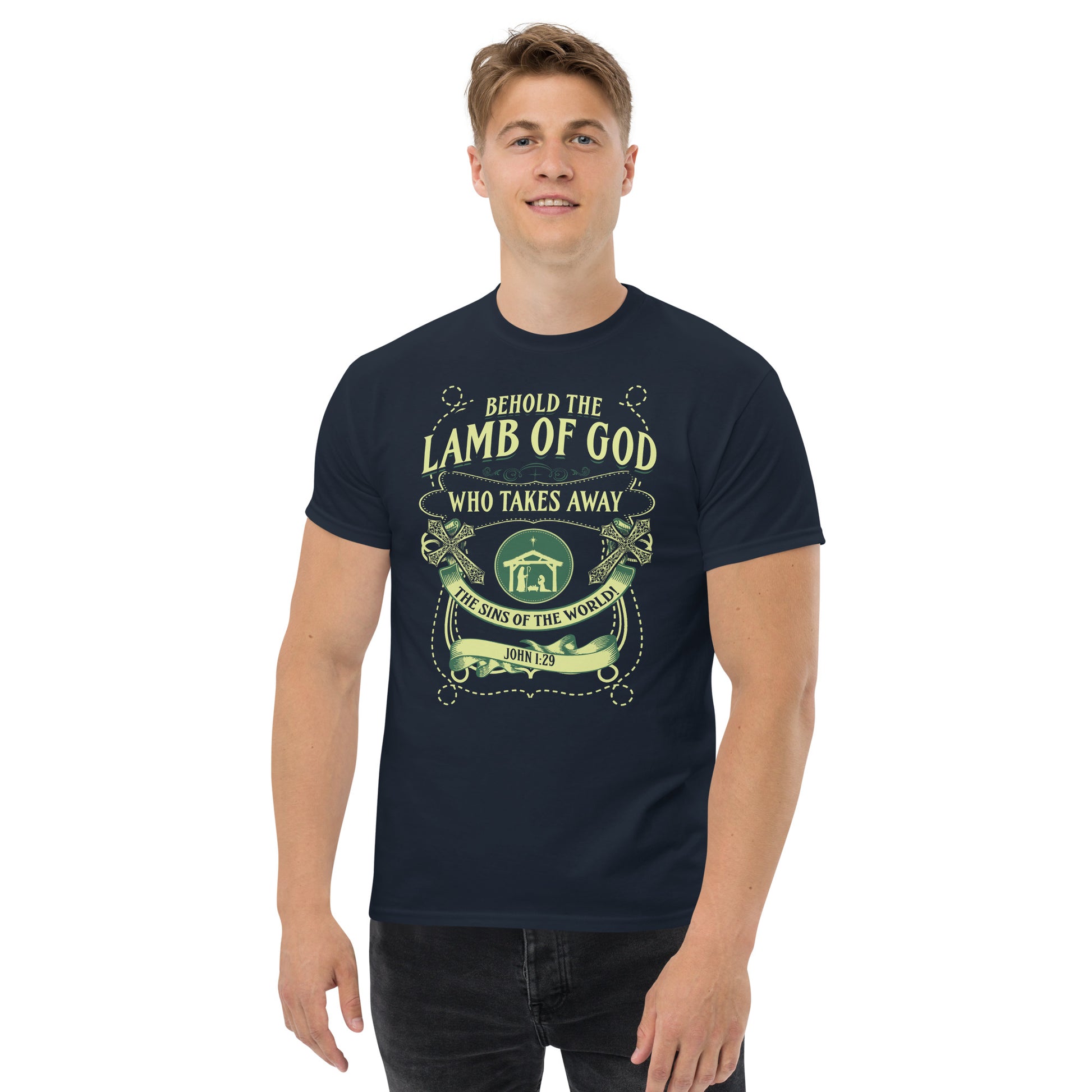 Behold the Lamb of God T-shirt by Tees of Worship with religious scripture design in cream on black