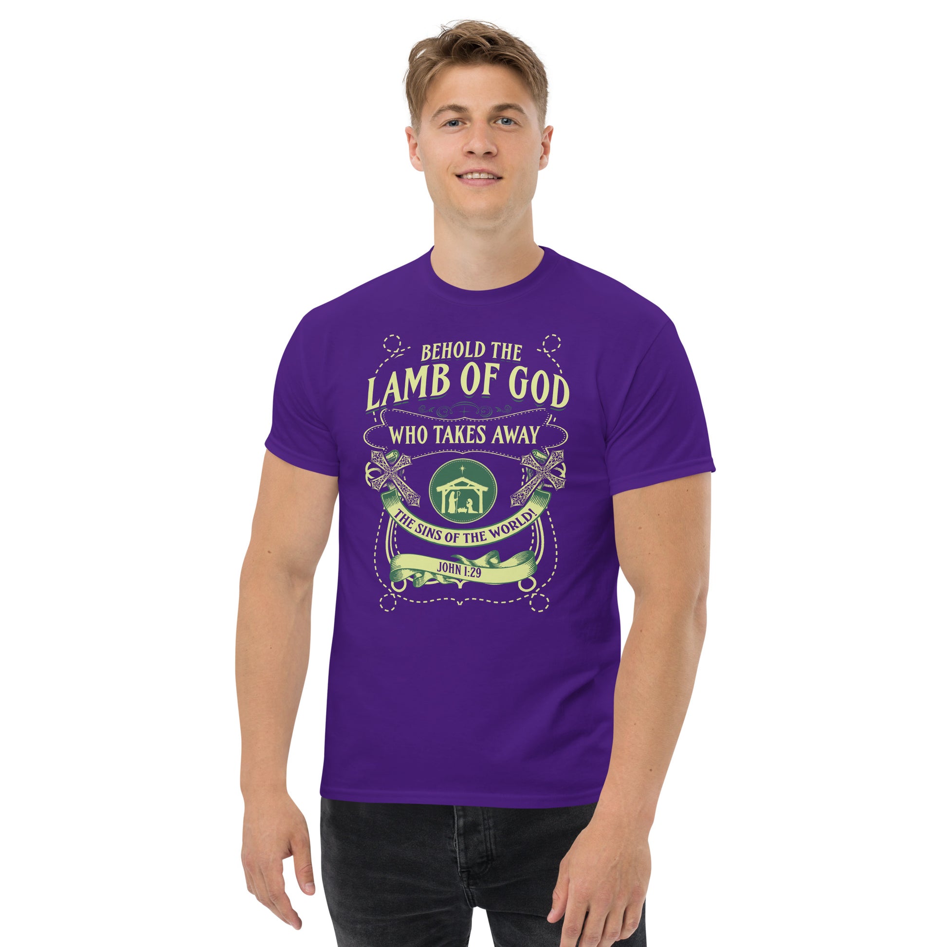 Purple Tees of Worship T-Shirt with Behold the Lamb of God religious graphic design