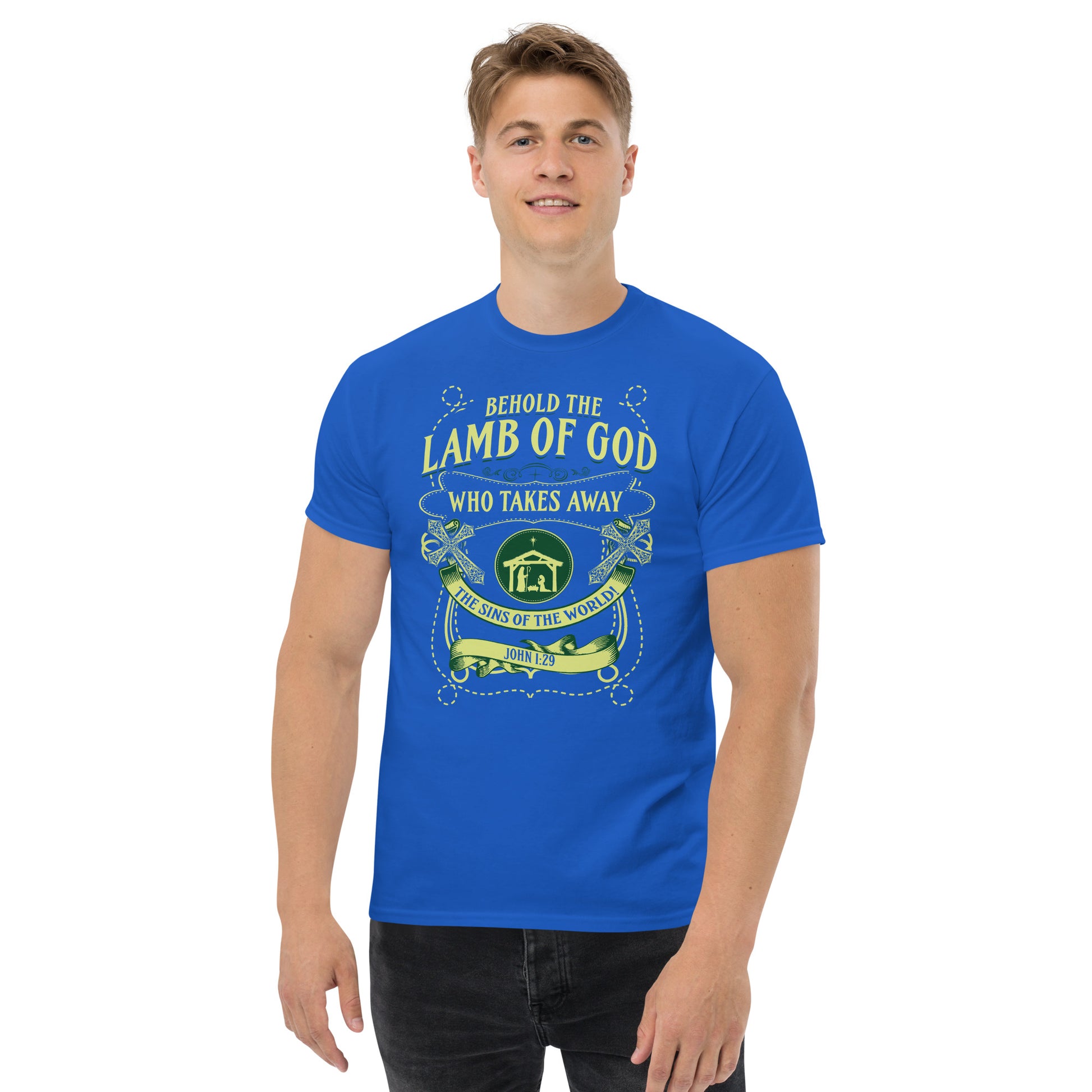 Blue T-shirt from Tees of Worship with Behold the Lamb of God religious design and scripture graphic