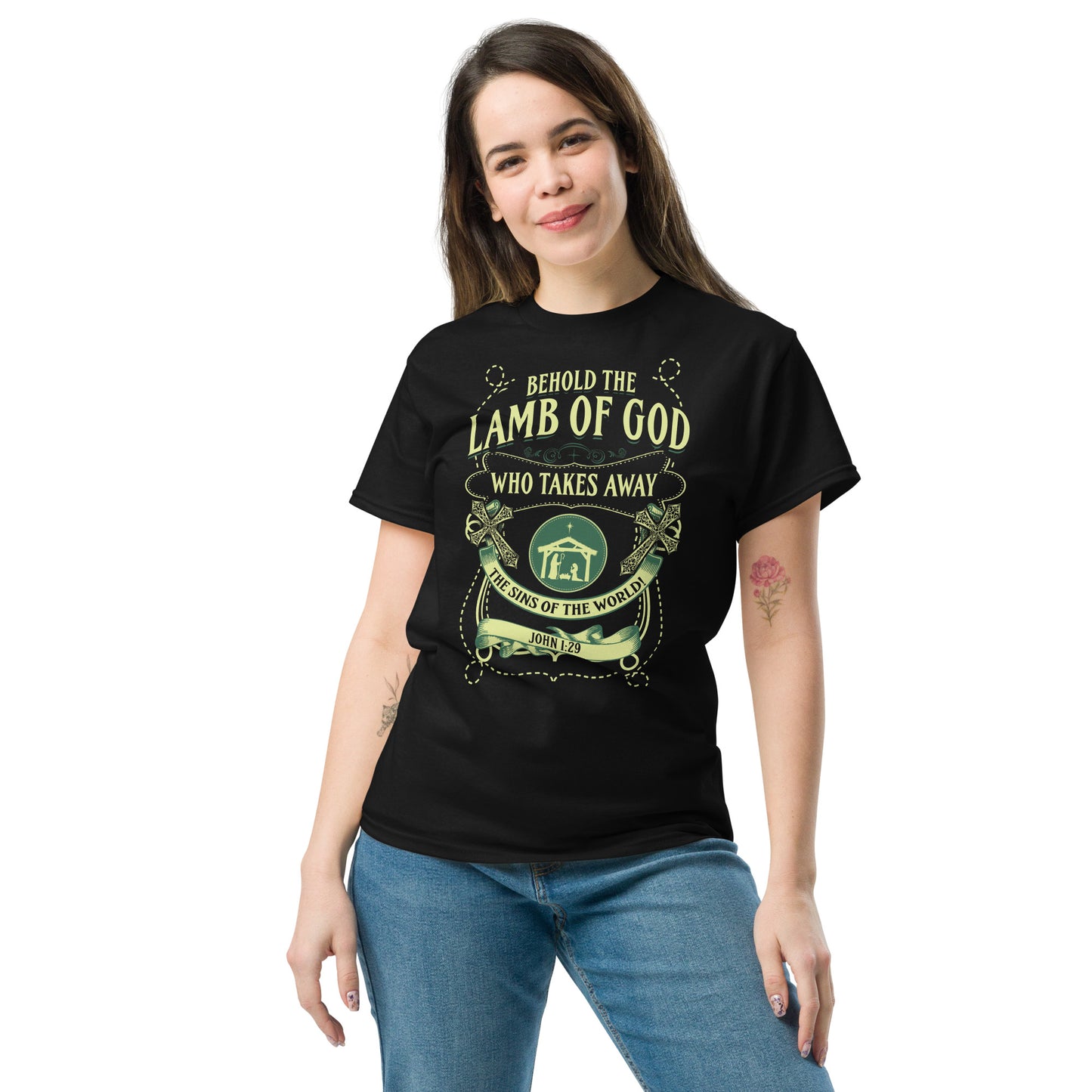 Black T-shirt from Tees of Worship with Behold the Lamb of God religious graphic design