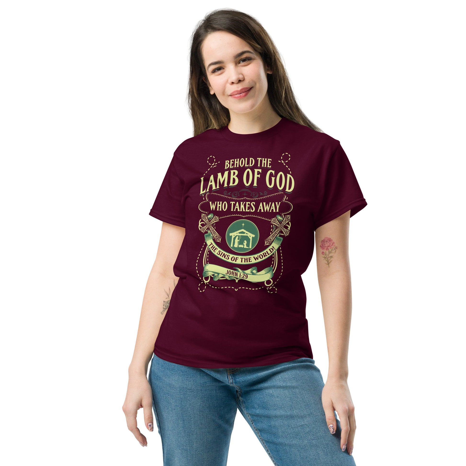 Behold the Lamb of God maroon t-shirt by Tees of Worship with religious graphic and text design