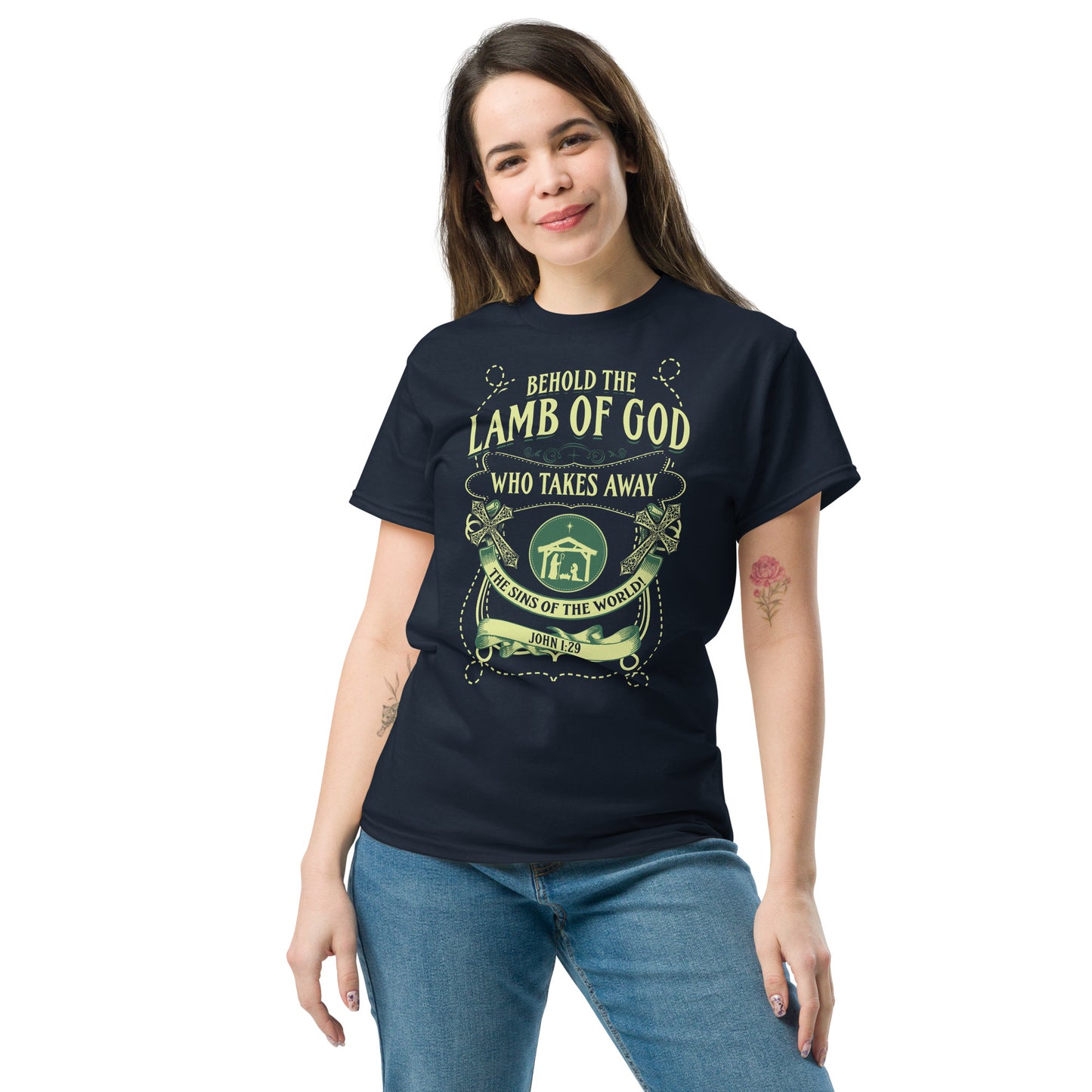 Behold the Lamb of God T-Shirt by Tees of Worship with religious graphic design on black fabric