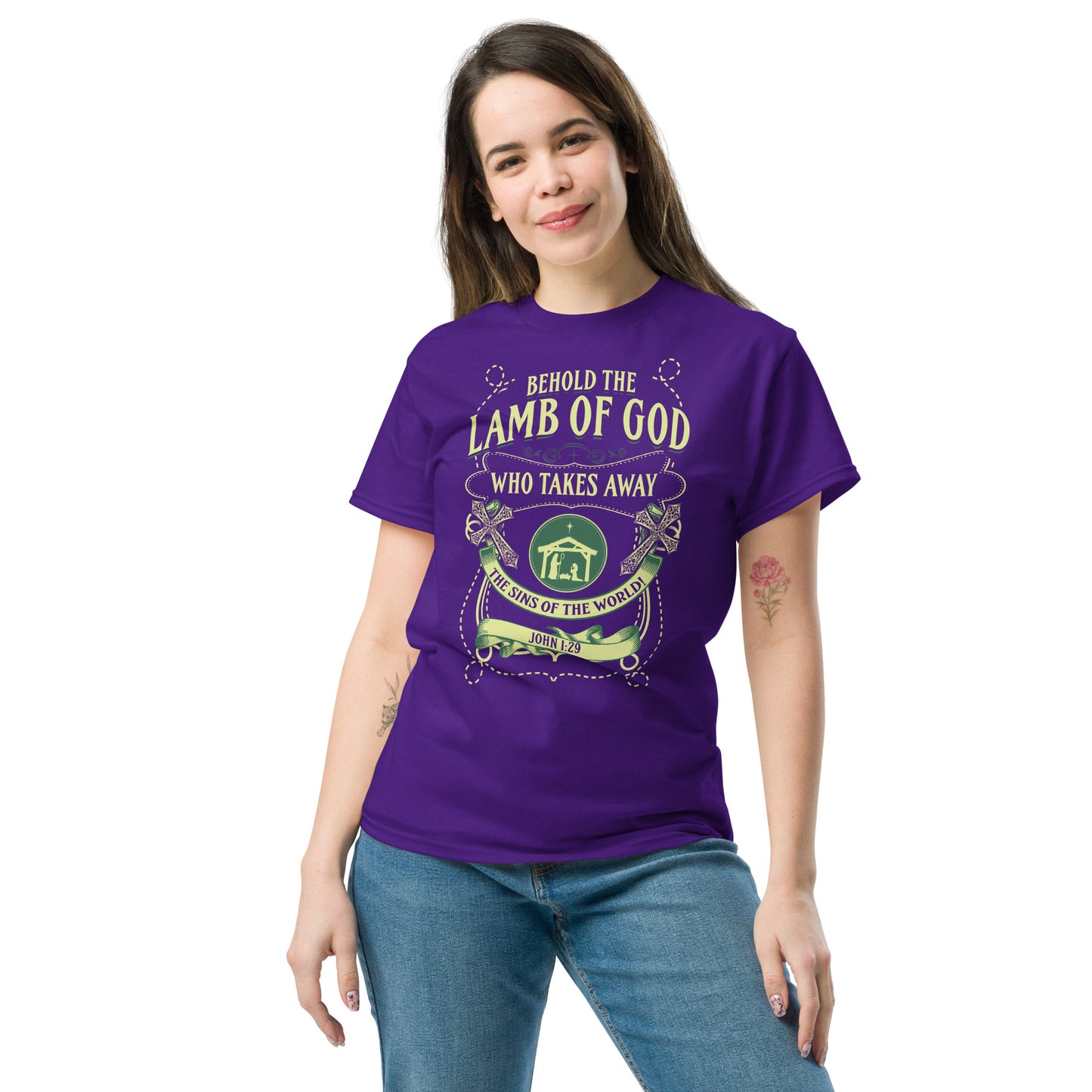 Purple T-shirt from Tees of Worship with Behold the Lamb of God religious graphic design