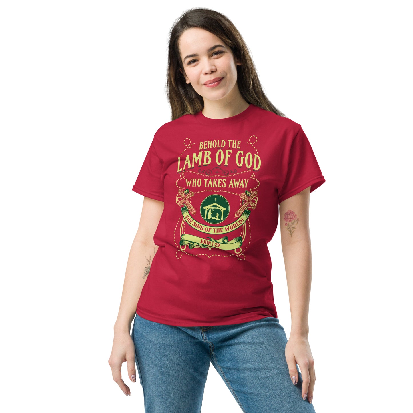 Red Tees of Worship t-shirt with Behold the Lamb of God religious text and graphic design