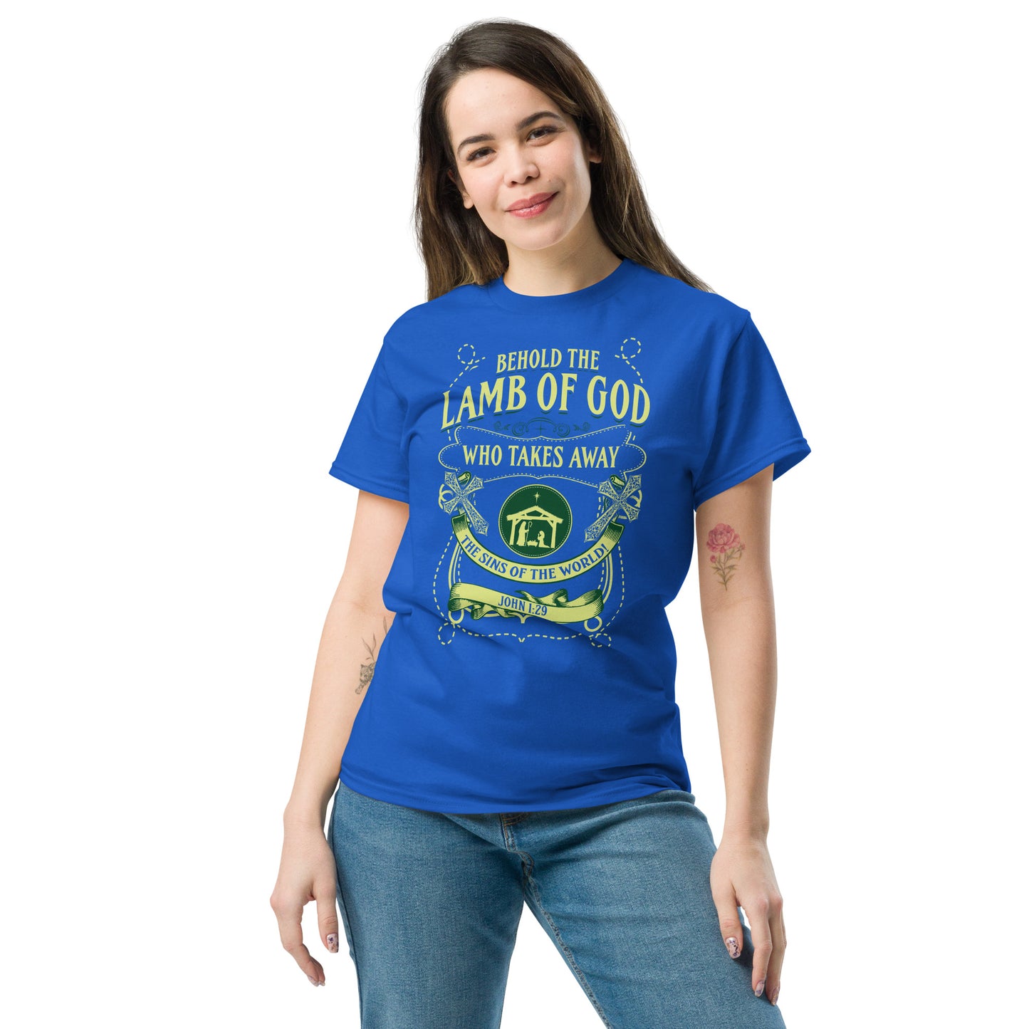 Blue Behold the Lamb of God T-shirt by Tees of Worship featuring religious graphic and text