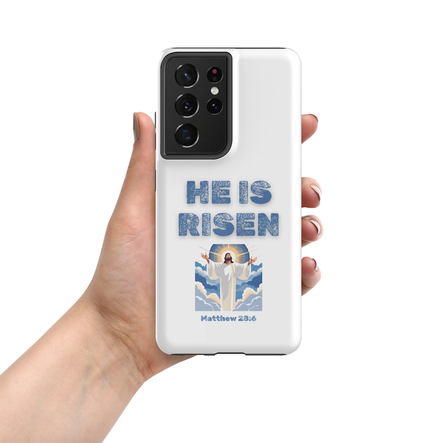 White phone case by Tees of Worship with He Is Risen text and Jesus illustration from Matthew 28:6