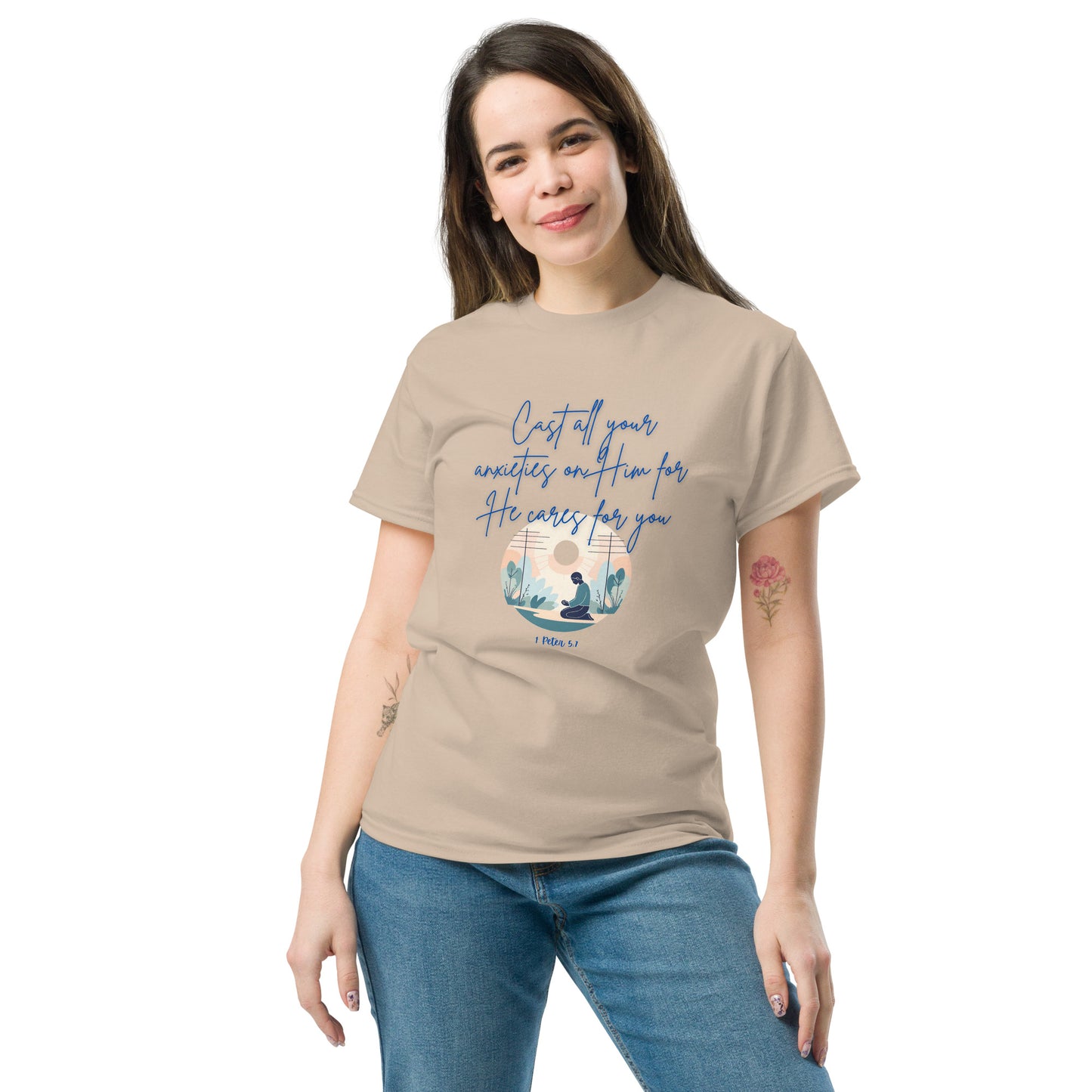 Tees of Worship beige t-shirt with he cares for you inspirational text and nature design