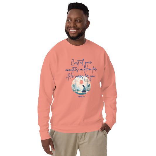 Man wearing coral sweatshirt with scripture design and text he cares for you from Tees of Worship