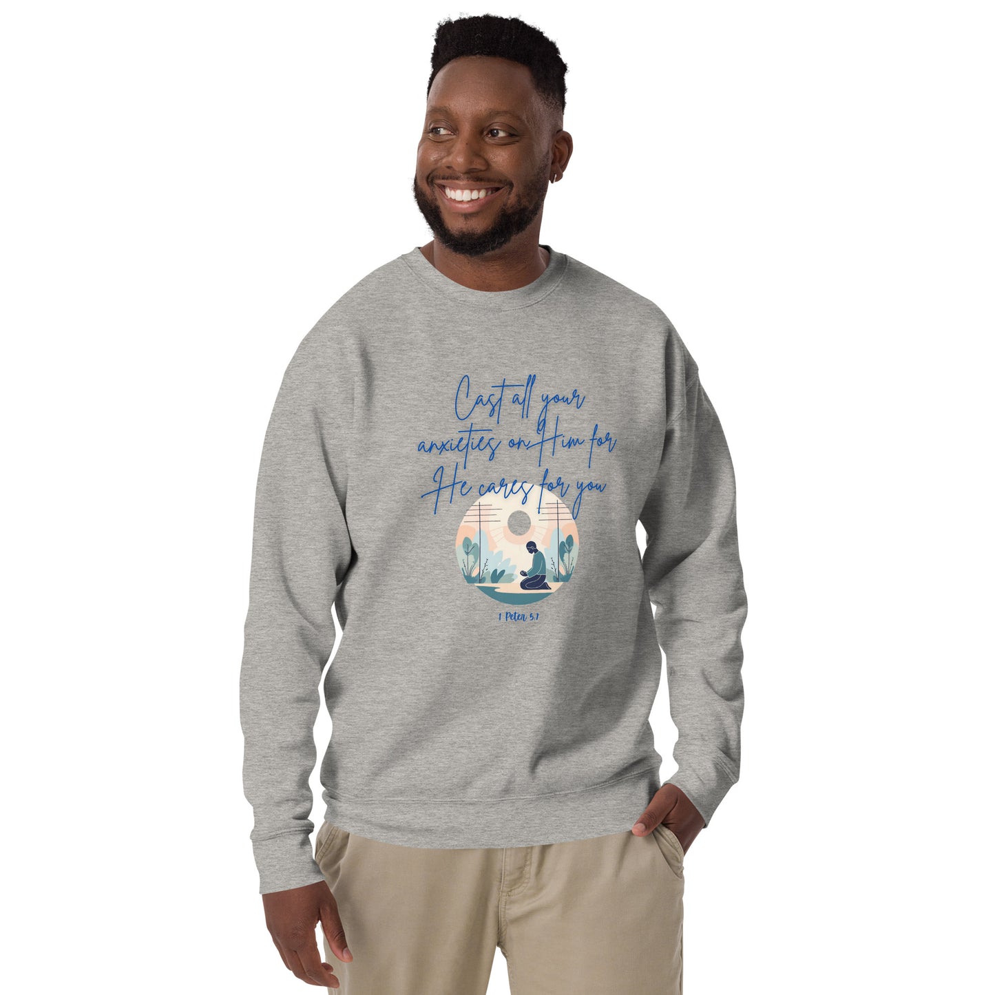 Tees of Worship grey sweatshirt with desert design and message he cares for you in blue text