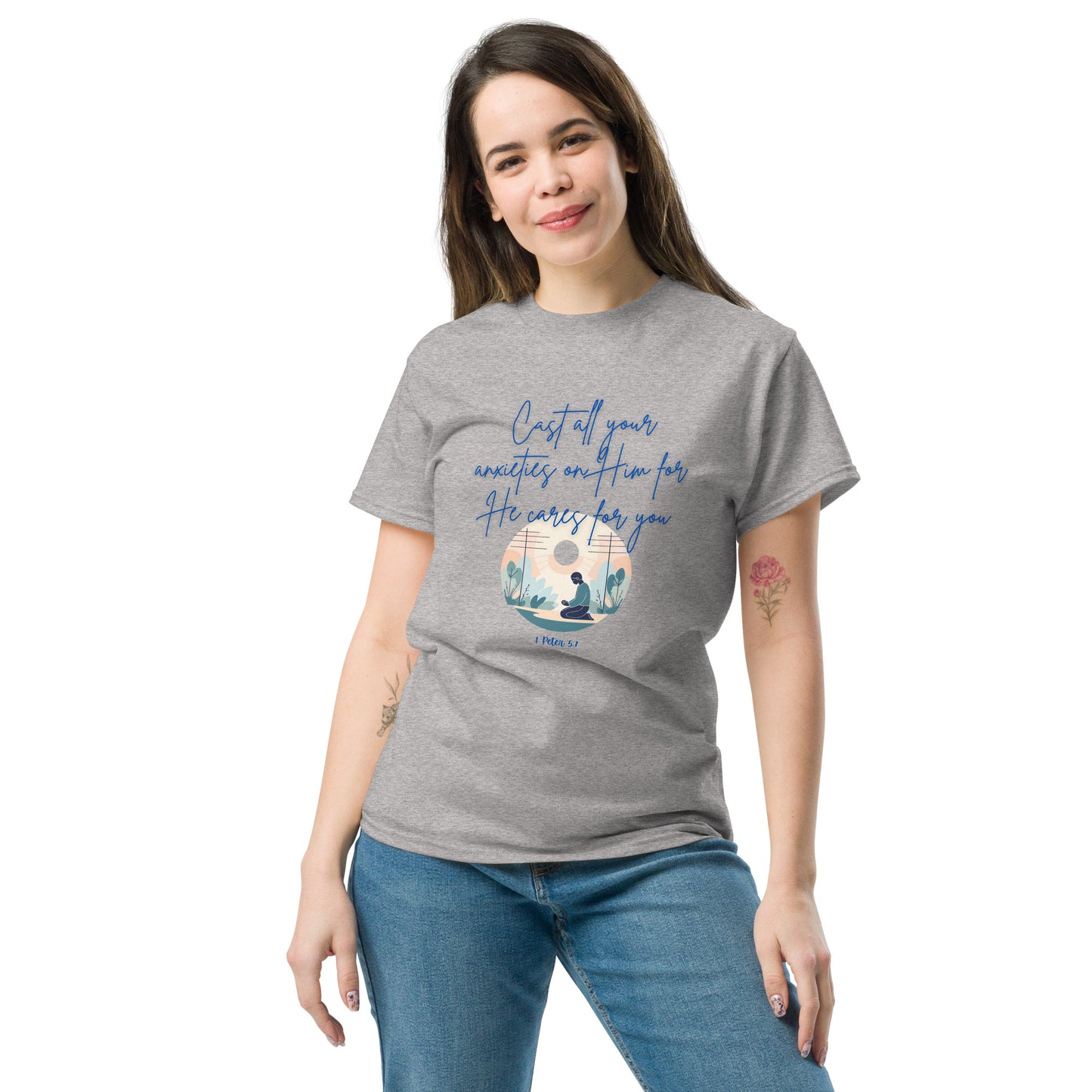 Gray Tees of Worship t-shirt with blue text he cares for you and peaceful desert design