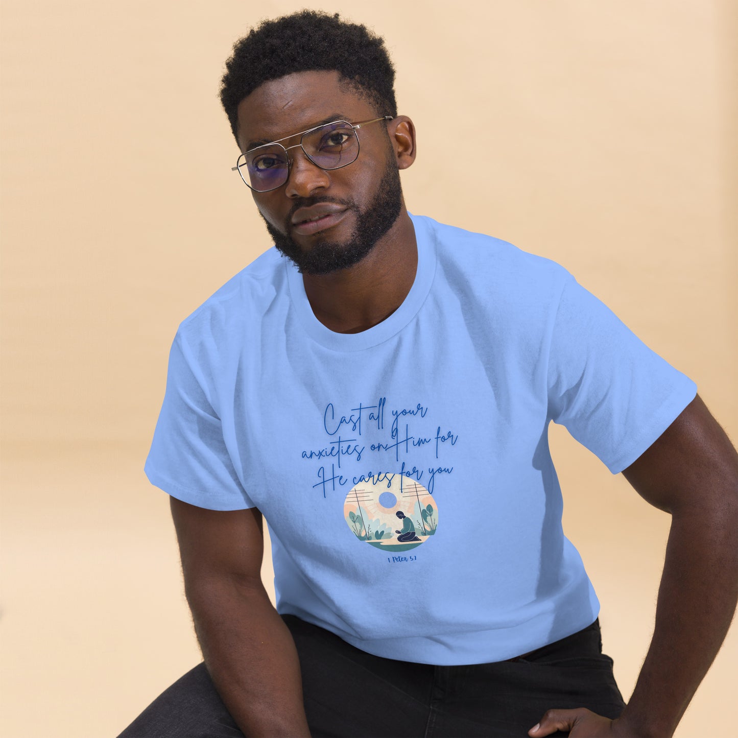 Tees of Worship light blue t-shirt with he cares for you quote and nature illustration