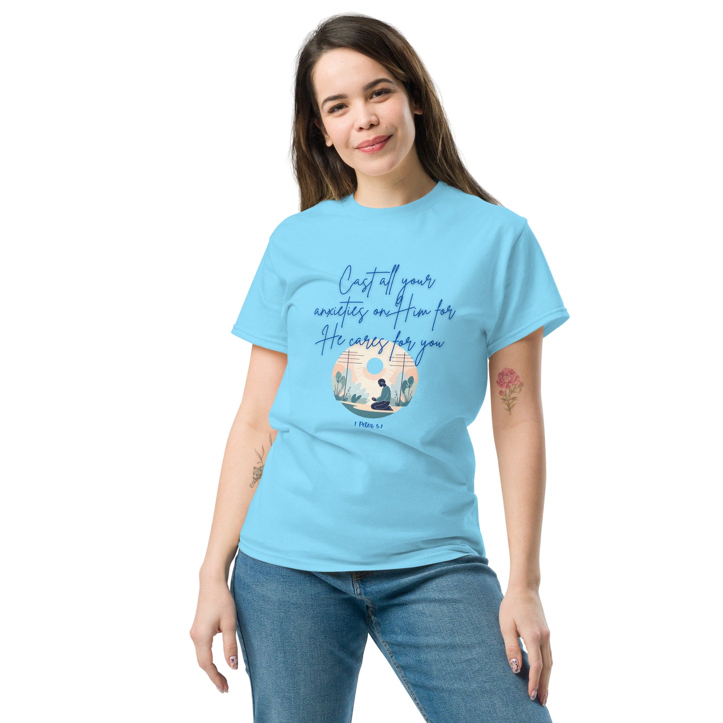 Tees of Worship light blue t-shirt with he cares for you faith message and desert landscape design