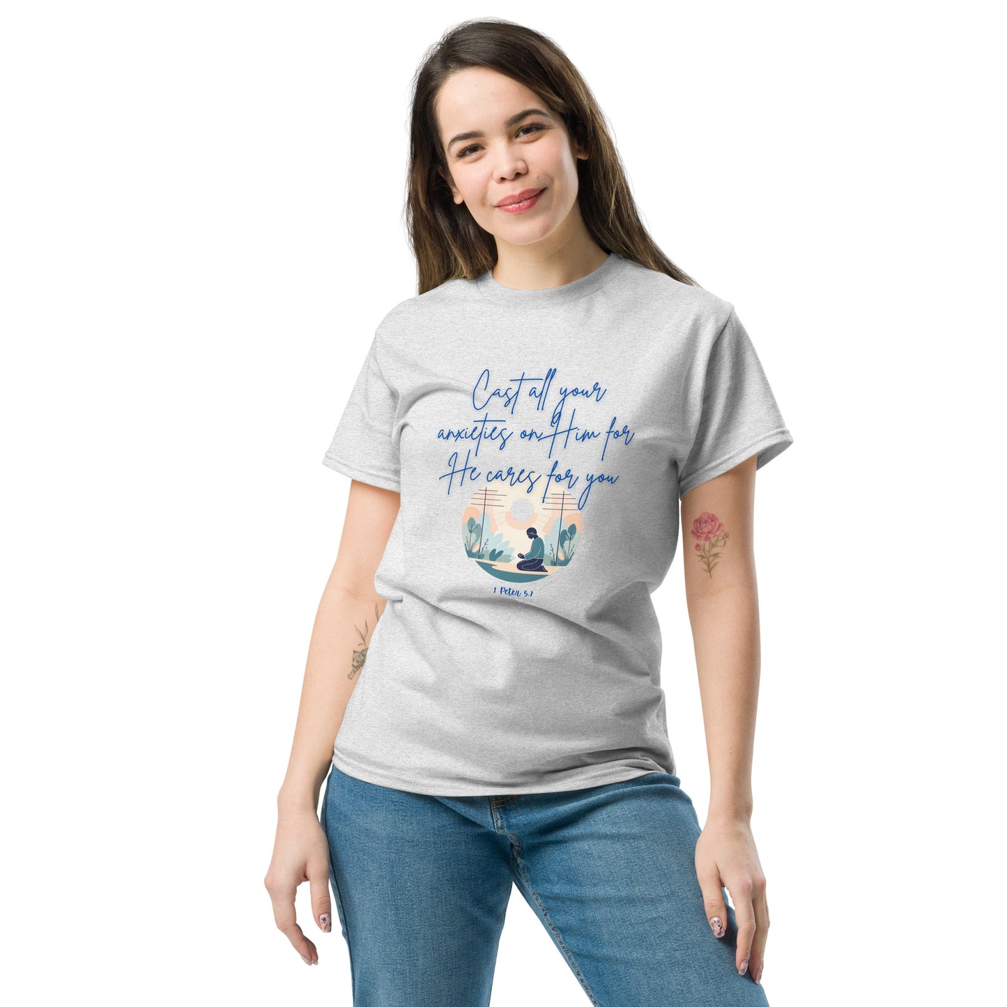 Tees of Worship he cares for you gray t-shirt with blue scripture design worn by woman