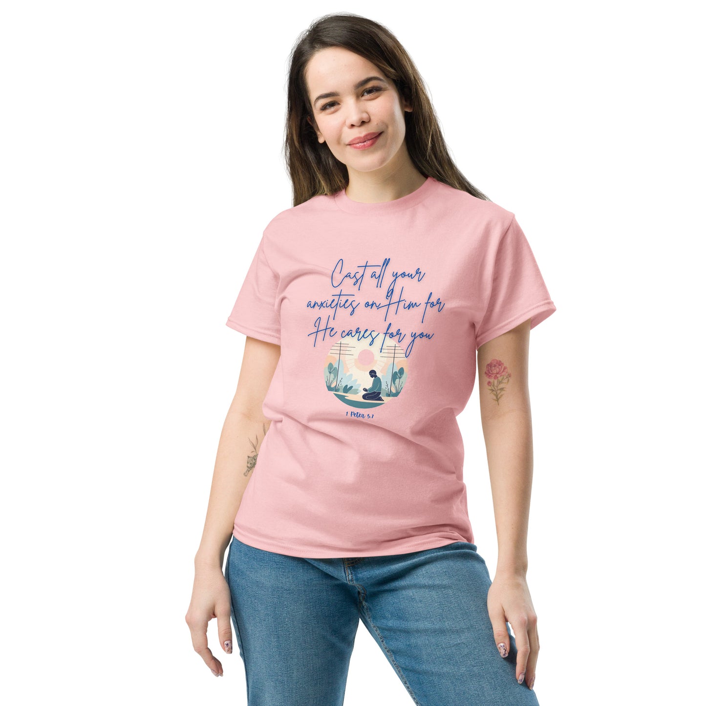 Pink Tees of Worship t-shirt with he cares for you message and nature illustration on front
