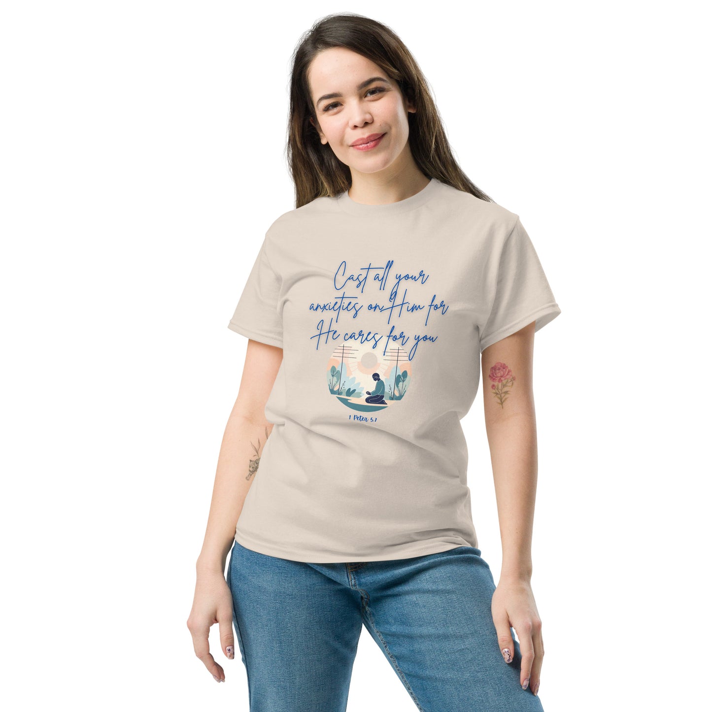 Tees of Worship beige t-shirt with he cares for you scripture design worn by woman