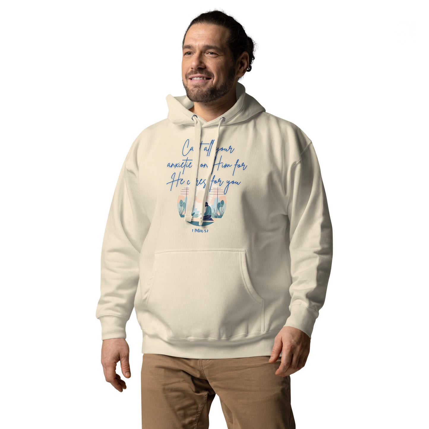 Tees of Worship beige hoodie with blue text quote reading he cares for you and religious design