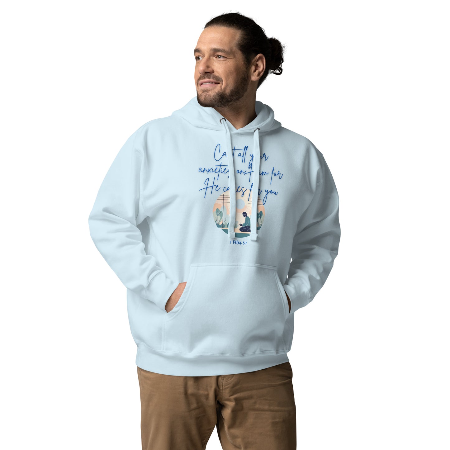 Light blue hoodie from Tees of Worship with he cares for you text and peaceful graphic design