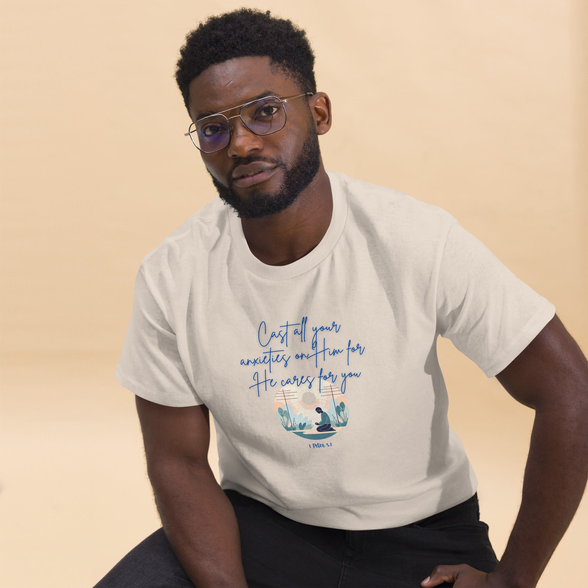 White Tees of Worship t-shirt with blue scripture design and he cares for you message