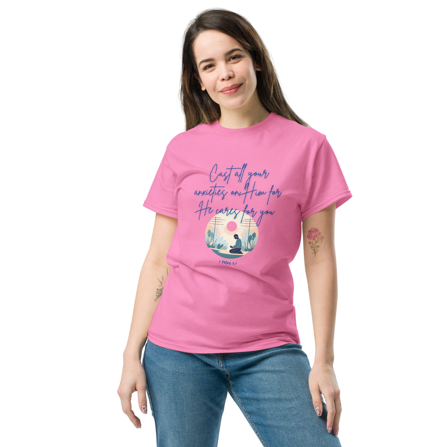 Tees of Worship pink t-shirt with he cares for you inspirational text and nature illustration