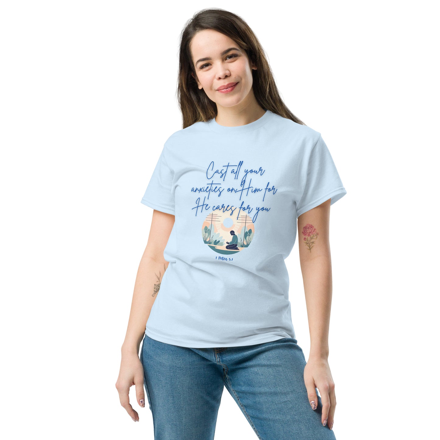 Light blue Tees of Worship t-shirt with inspirational text he cares for you and nature graphic