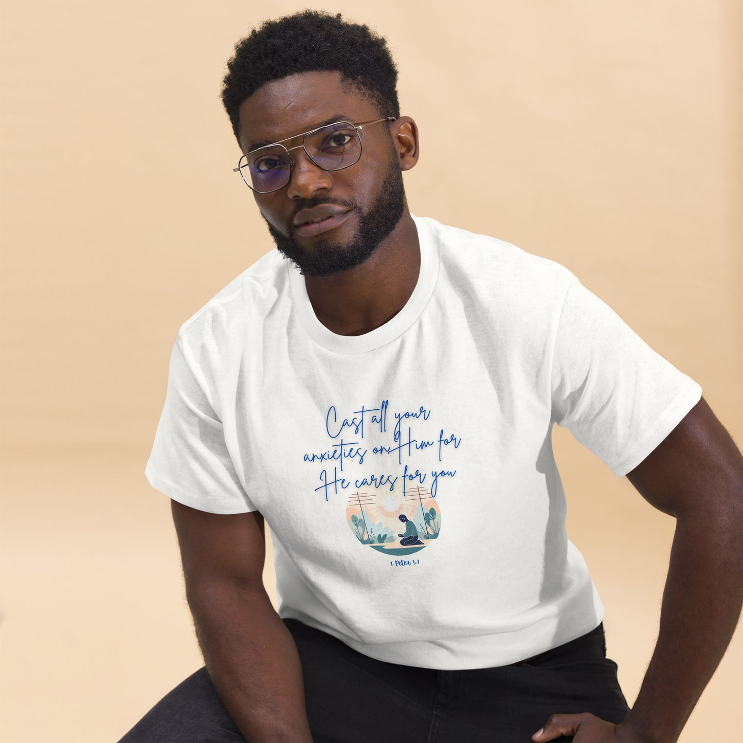 White Tees of Worship T-shirt with he cares for you message and calming graphic worn by man