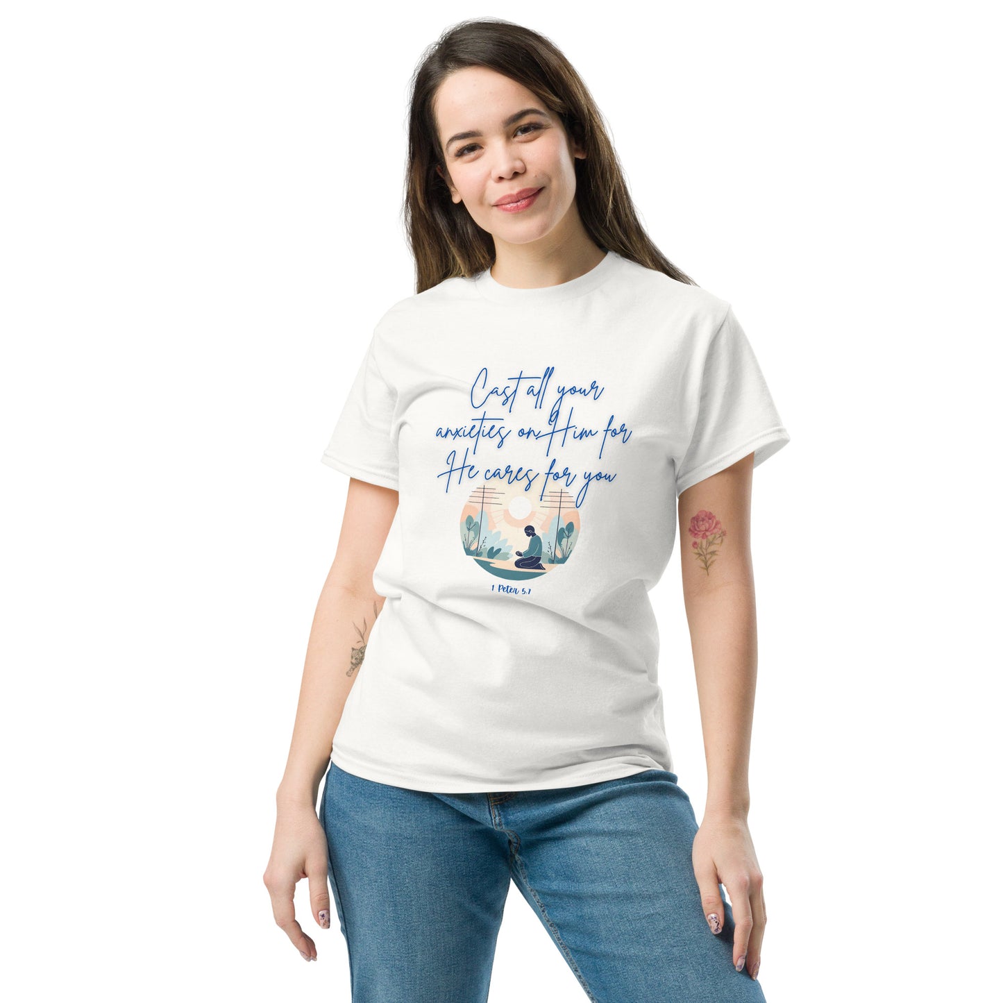 White Tees of Worship t-shirt with he cares for you message and faith-inspired design