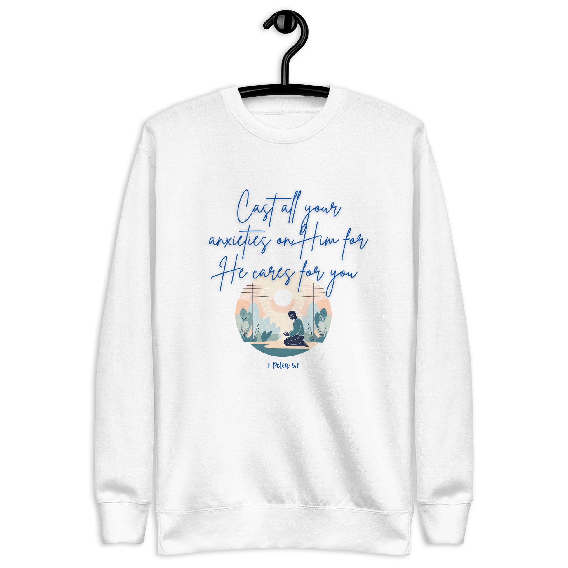 White sweatshirt with He cares for you scripture design and peaceful nature illustration