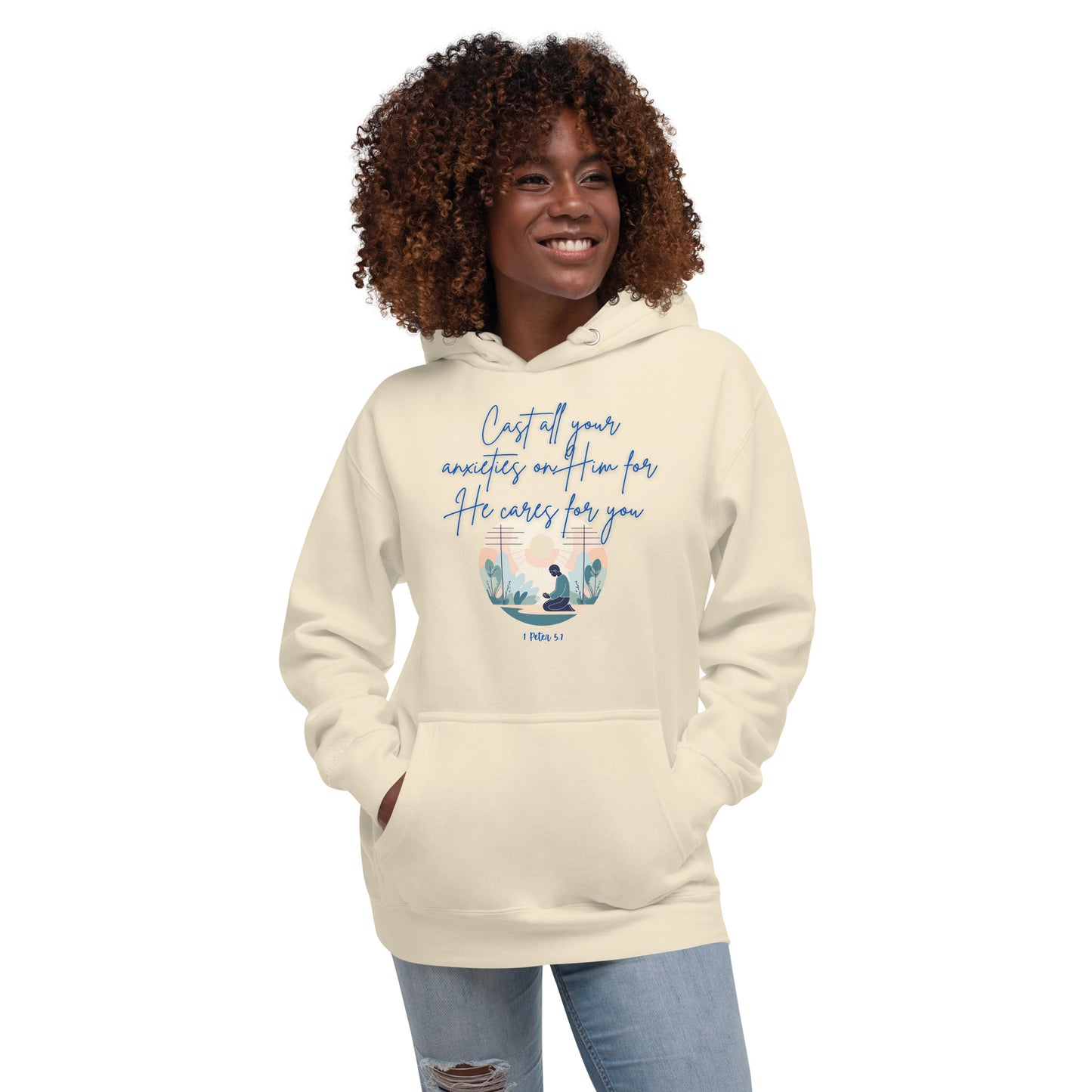 Tees of Worship cream hoodie with he cares for you scripture design and front pocket