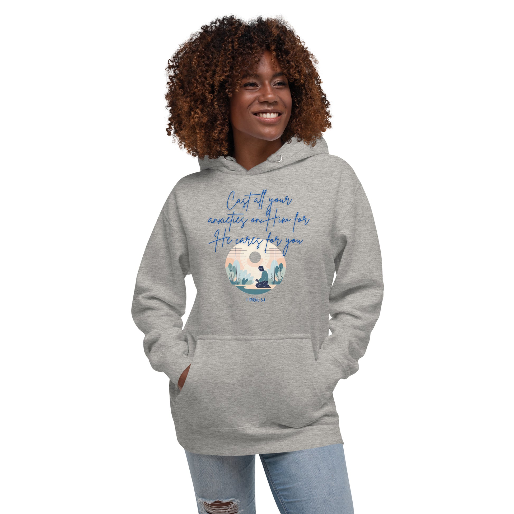 Tees of Worship gray hoodie with He cares for you faith message and desert design